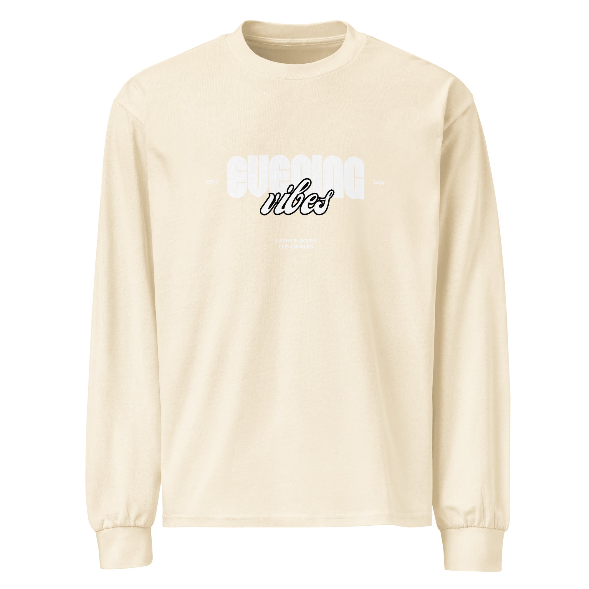 Unisex Premium Heavyweight Long Sleeve Shirt | Evening Vibes Ecru long sleeve shirt AwRans Clothing unisex-premium-heavyweight-long-sleeve-shirt-ecru-front-67f2c4173df92
