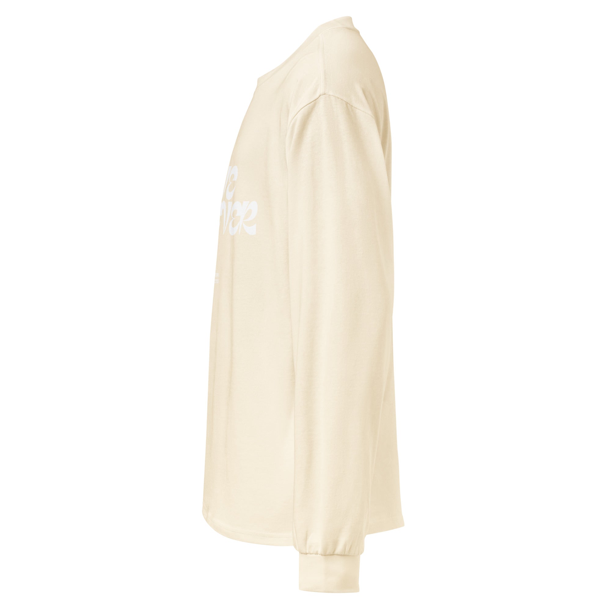 Unisex Premium Heavyweight Long Sleeve Shirt | Love Forever long sleeve shirt AwRans Clothing unisex-premium-heavyweight-long-sleeve-shirt-ecru-left-67f2c2d8bf9bb