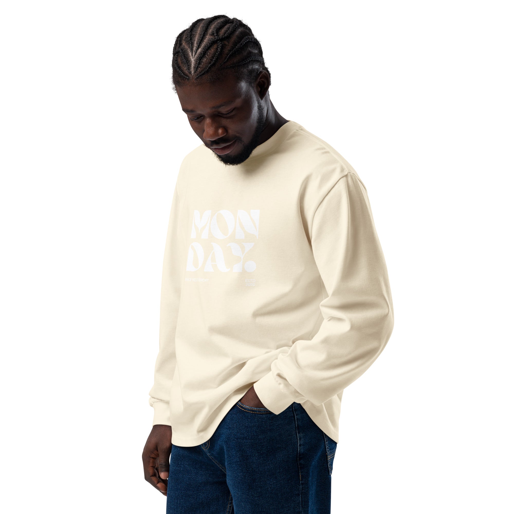 Unisex Premium Heavyweight Long Sleeve Shirt | Monday long sleeve shirt AwRans Clothing unisex-premium-heavyweight-long-sleeve-shirt-ecru-left-front-67eaac582b42e