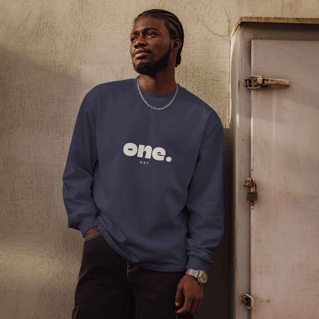 Unisex Premium Heavyweight Long Sleeve Shirt | One Day long sleeve shirt AwRans Clothing unisex-premium-heavyweight-long-sleeve-shirt-midnight-blue-front-67eaaaf87e3c5