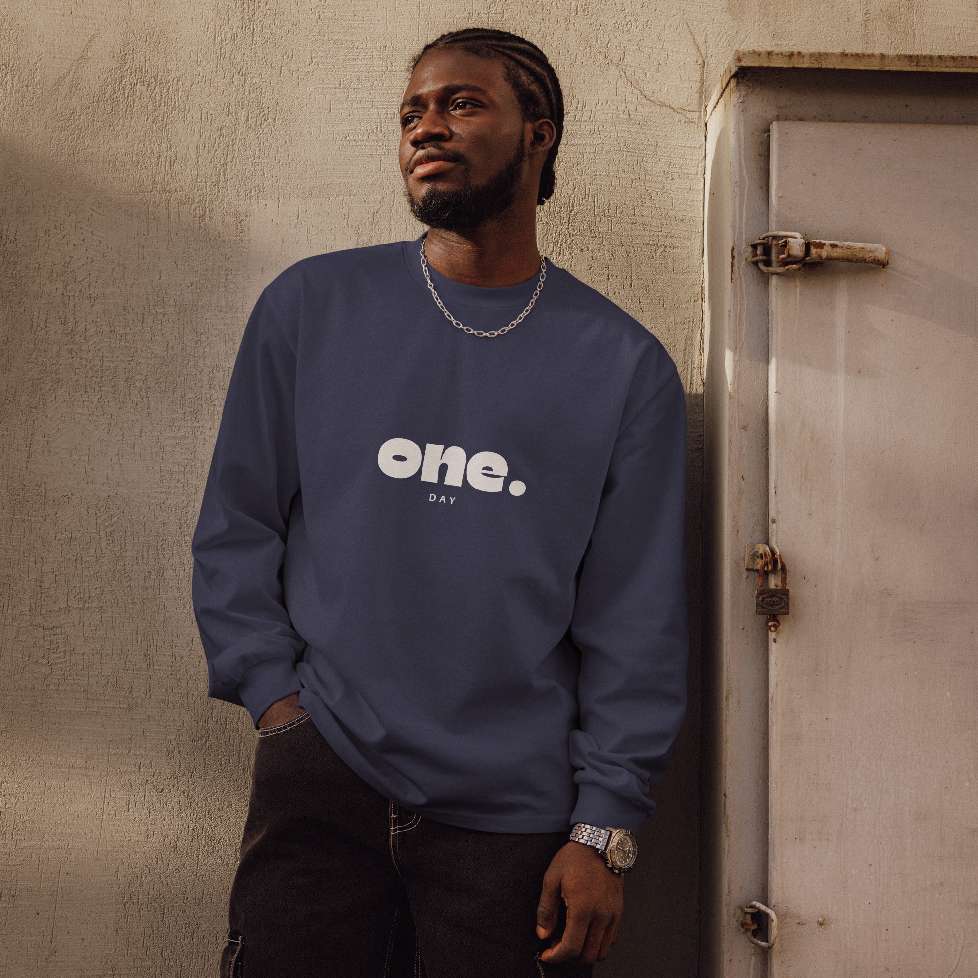 Unisex Premium Heavyweight Long Sleeve Shirt | One Day long sleeve shirt AwRans Clothing unisex-premium-heavyweight-long-sleeve-shirt-midnight-blue-front-67eaaaf87e3c5