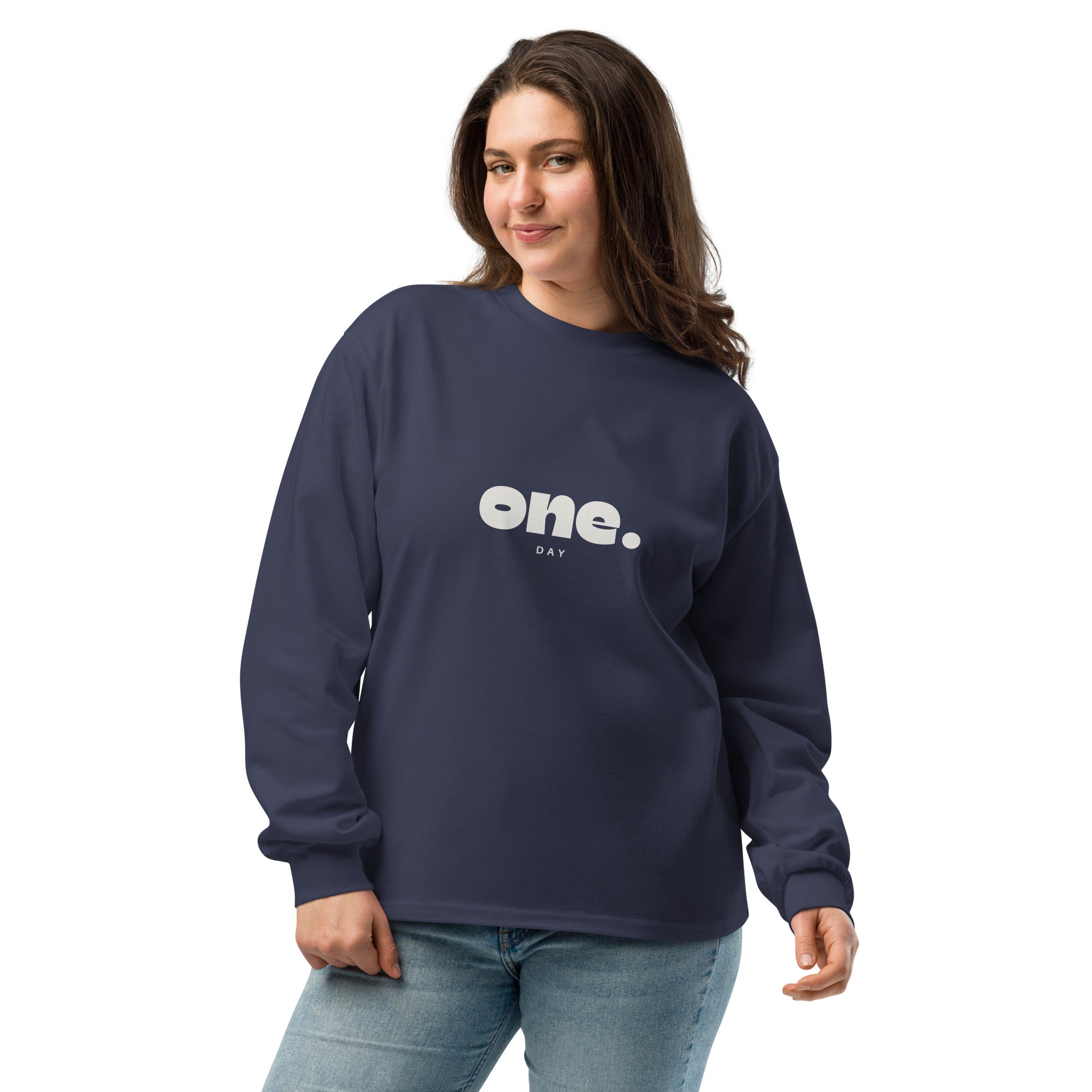 Unisex Premium Heavyweight Long Sleeve Shirt | One Day long sleeve shirt AwRans Clothing unisex-premium-heavyweight-long-sleeve-shirt-midnight-blue-front-67eaaaf8807e9