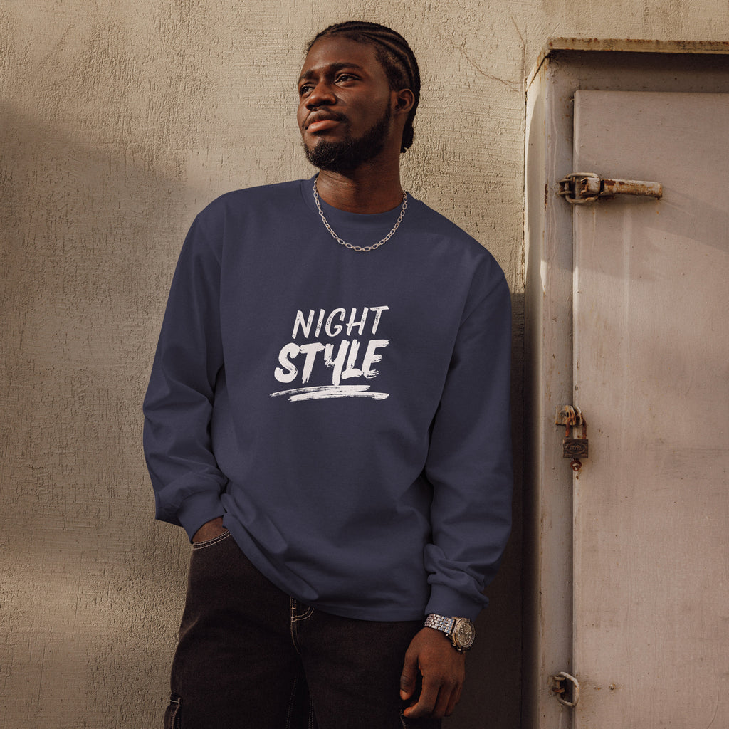 Unisex Premium Heavyweight Long Sleeve Shirt | Night Style long sleeve shirt AwRans Clothing unisex-premium-heavyweight-long-sleeve-shirt-midnight-blue-front-67eaaba79dc17