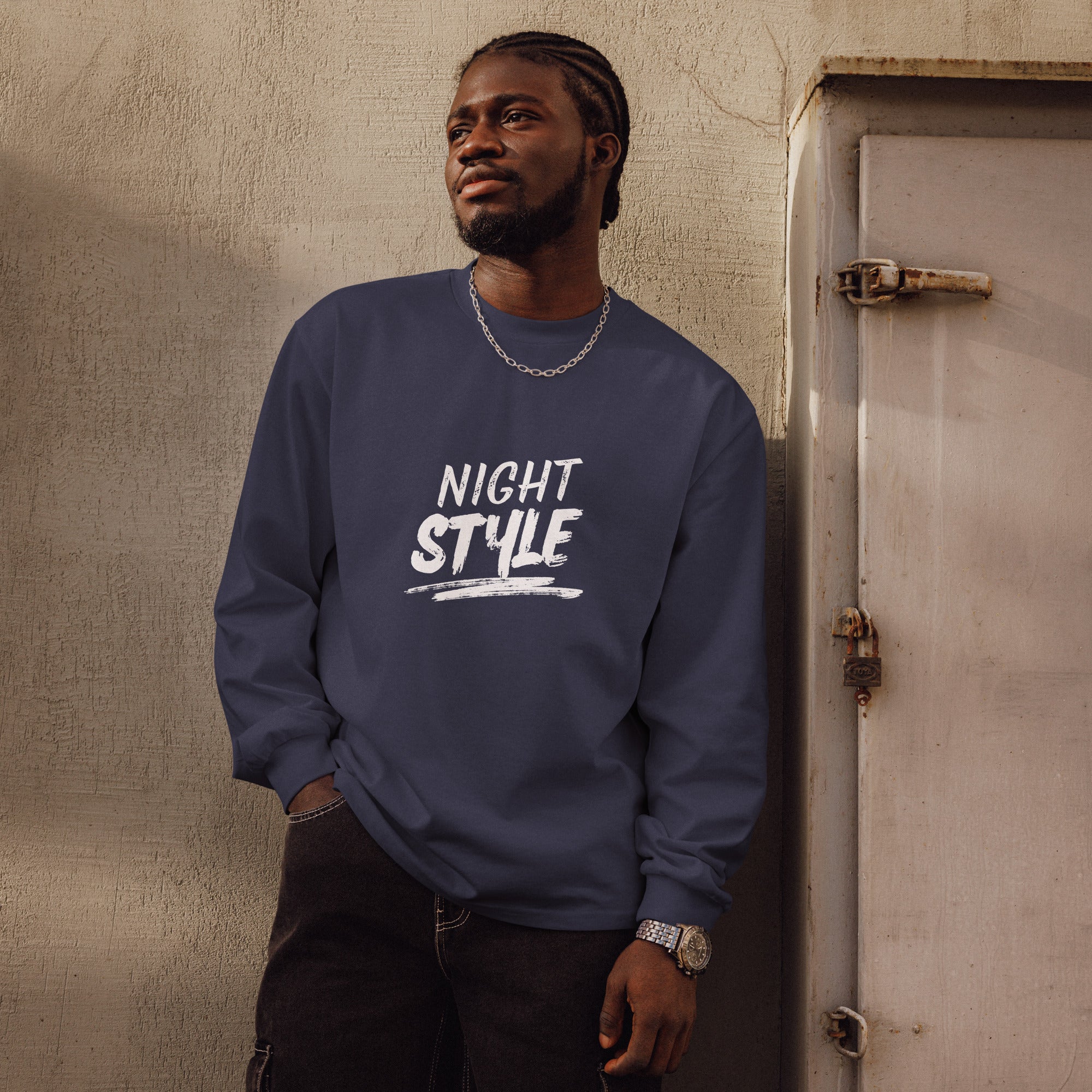 Unisex Premium Heavyweight Long Sleeve Shirt | Night Style long sleeve shirt AwRans Clothing unisex-premium-heavyweight-long-sleeve-shirt-midnight-blue-front-67eaaba79dc17
