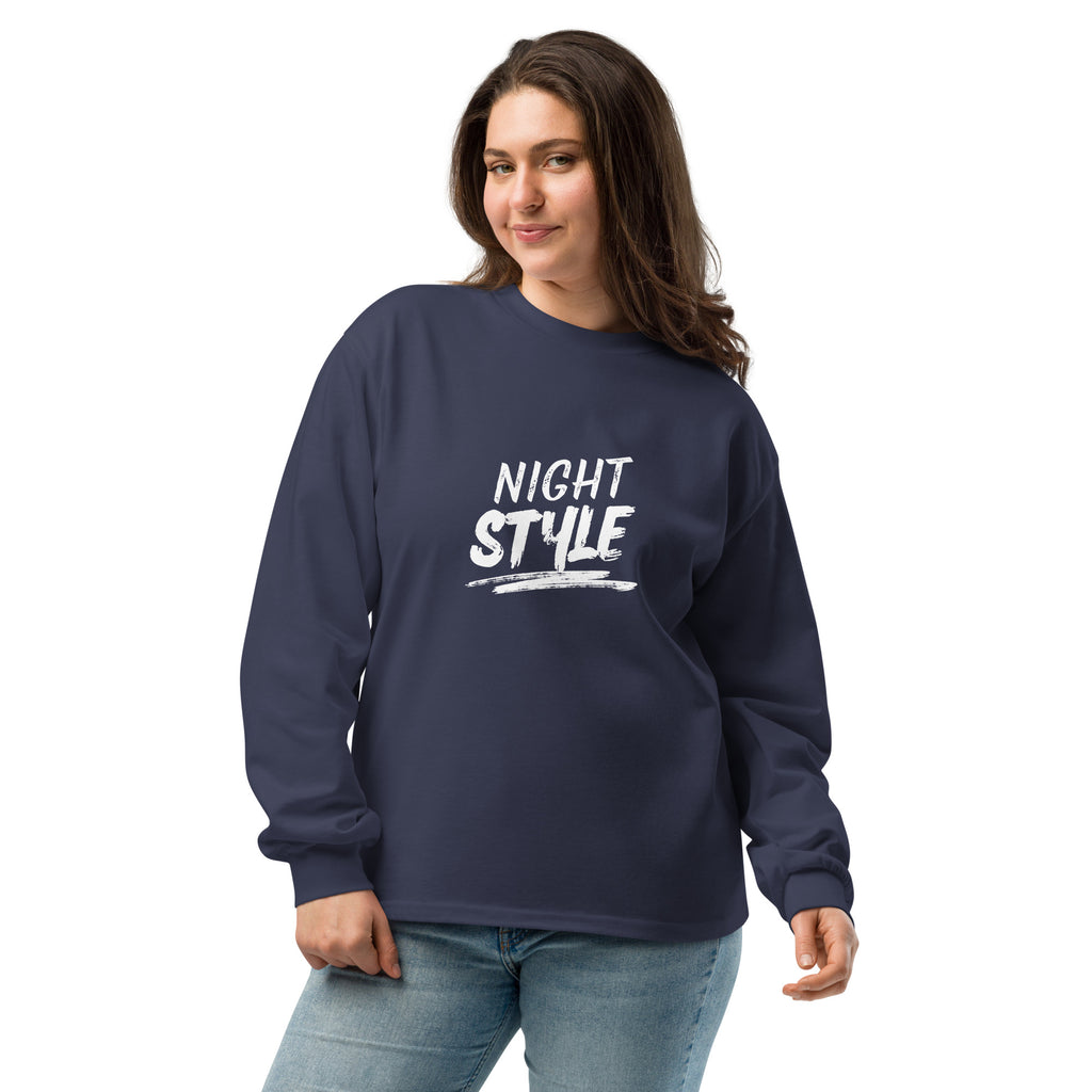Unisex Premium Heavyweight Long Sleeve Shirt | Night Style long sleeve shirt AwRans Clothing unisex-premium-heavyweight-long-sleeve-shirt-midnight-blue-front-67eaaba79f677