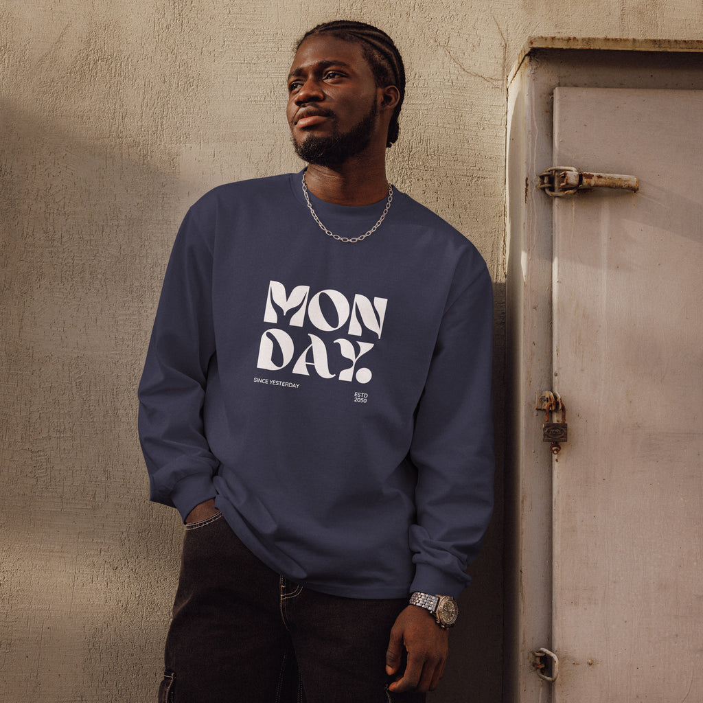 Unisex Premium Heavyweight Long Sleeve Shirt | Monday long sleeve shirt AwRans Clothing unisex-premium-heavyweight-long-sleeve-shirt-midnight-blue-front-67eaac57f3163