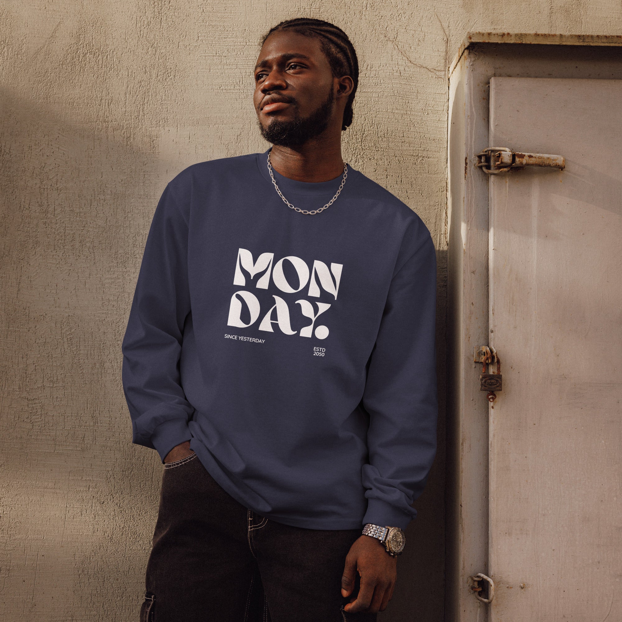 Unisex Premium Heavyweight Long Sleeve Shirt | Monday long sleeve shirt AwRans Clothing unisex-premium-heavyweight-long-sleeve-shirt-midnight-blue-front-67eaac57f3163