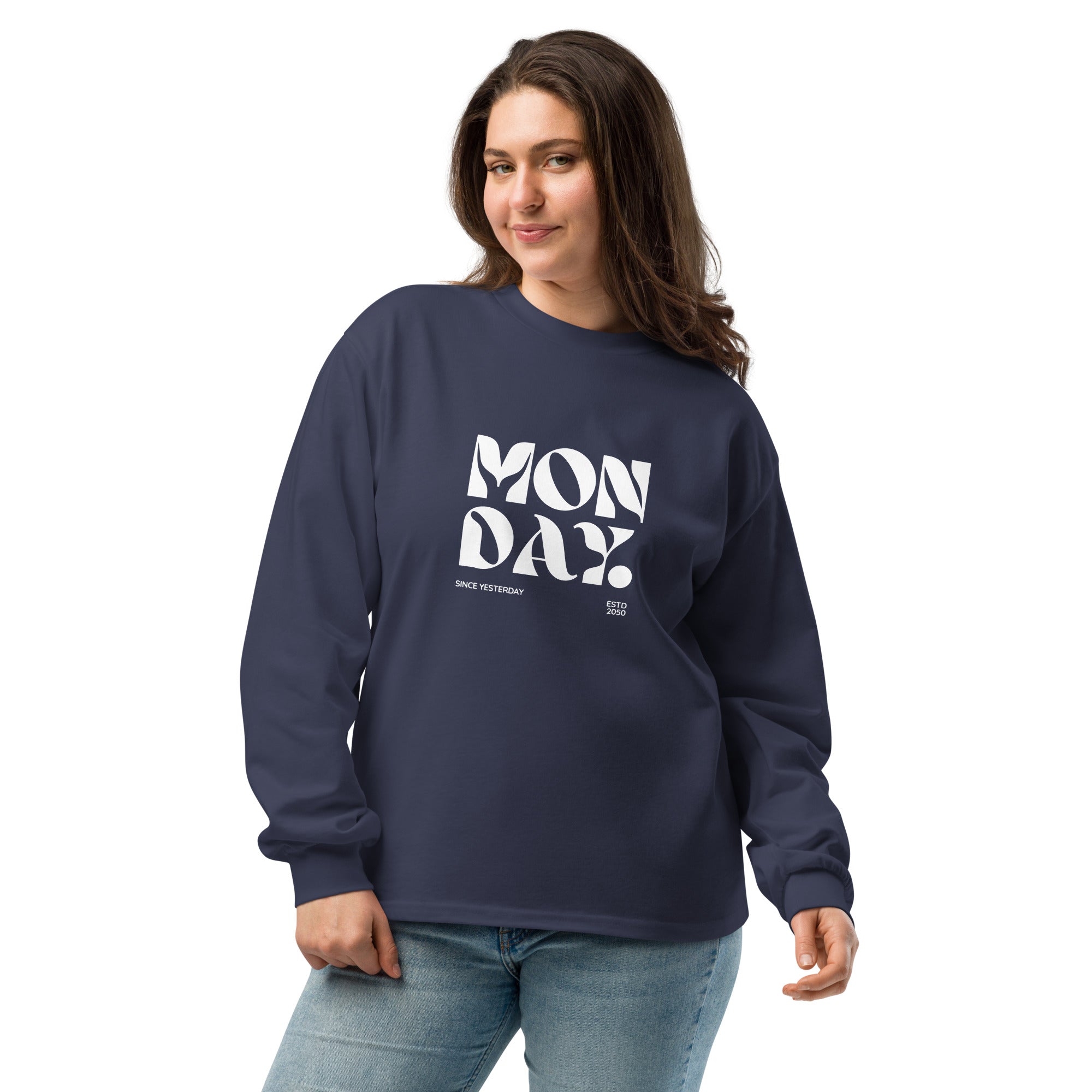 Unisex Premium Heavyweight Long Sleeve Shirt | Monday long sleeve shirt AwRans Clothing unisex-premium-heavyweight-long-sleeve-shirt-midnight-blue-front-67eaac580156e