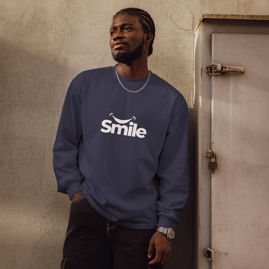 Unisex Premium Heavyweight Long Sleeve Shirt | Smile long sleeve shirt AwRans Clothing unisex-premium-heavyweight-long-sleeve-shirt-midnight-blue-front-67f29f018609b