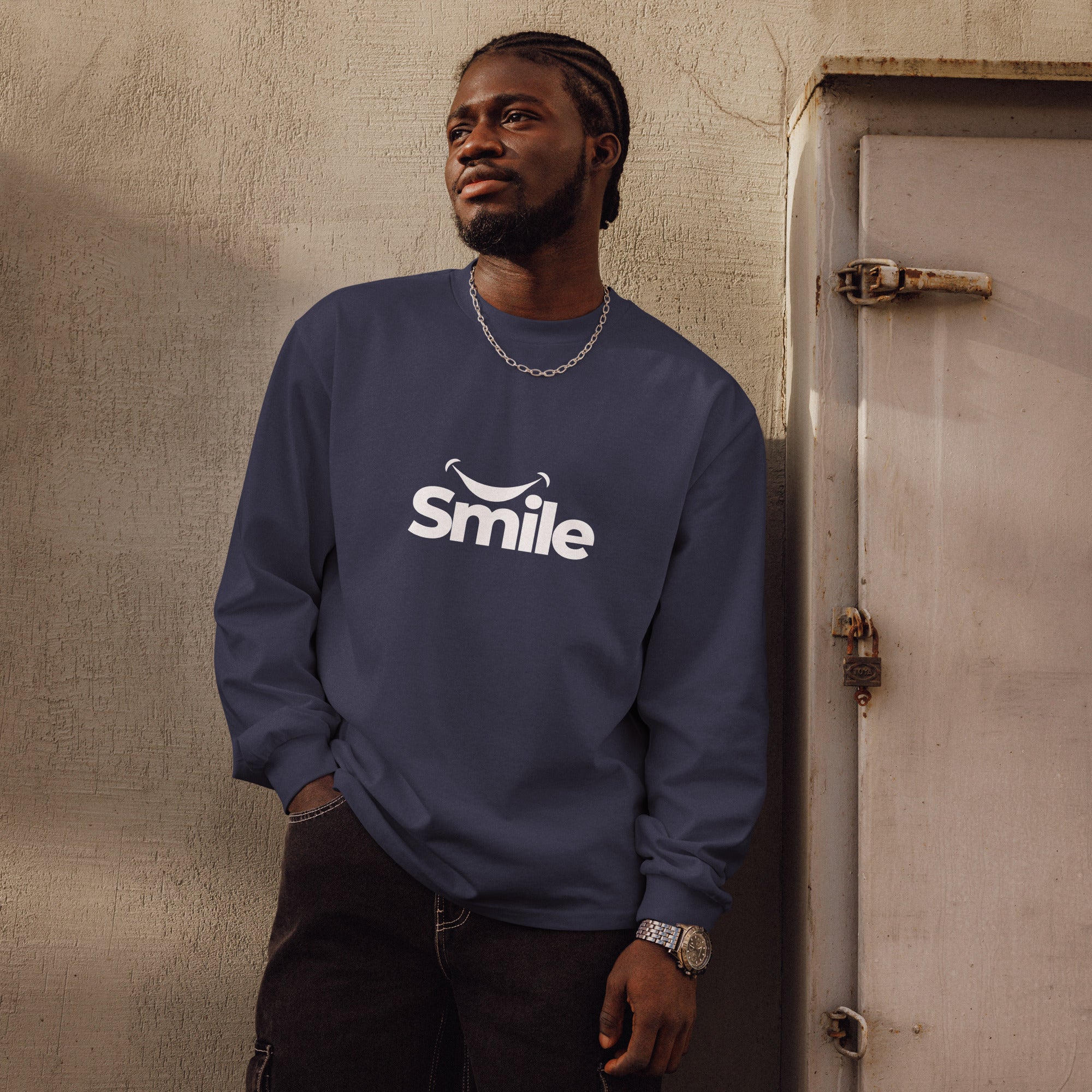 Unisex Premium Heavyweight Long Sleeve Shirt | Smile long sleeve shirt AwRans Clothing unisex-premium-heavyweight-long-sleeve-shirt-midnight-blue-front-67f29f018609b