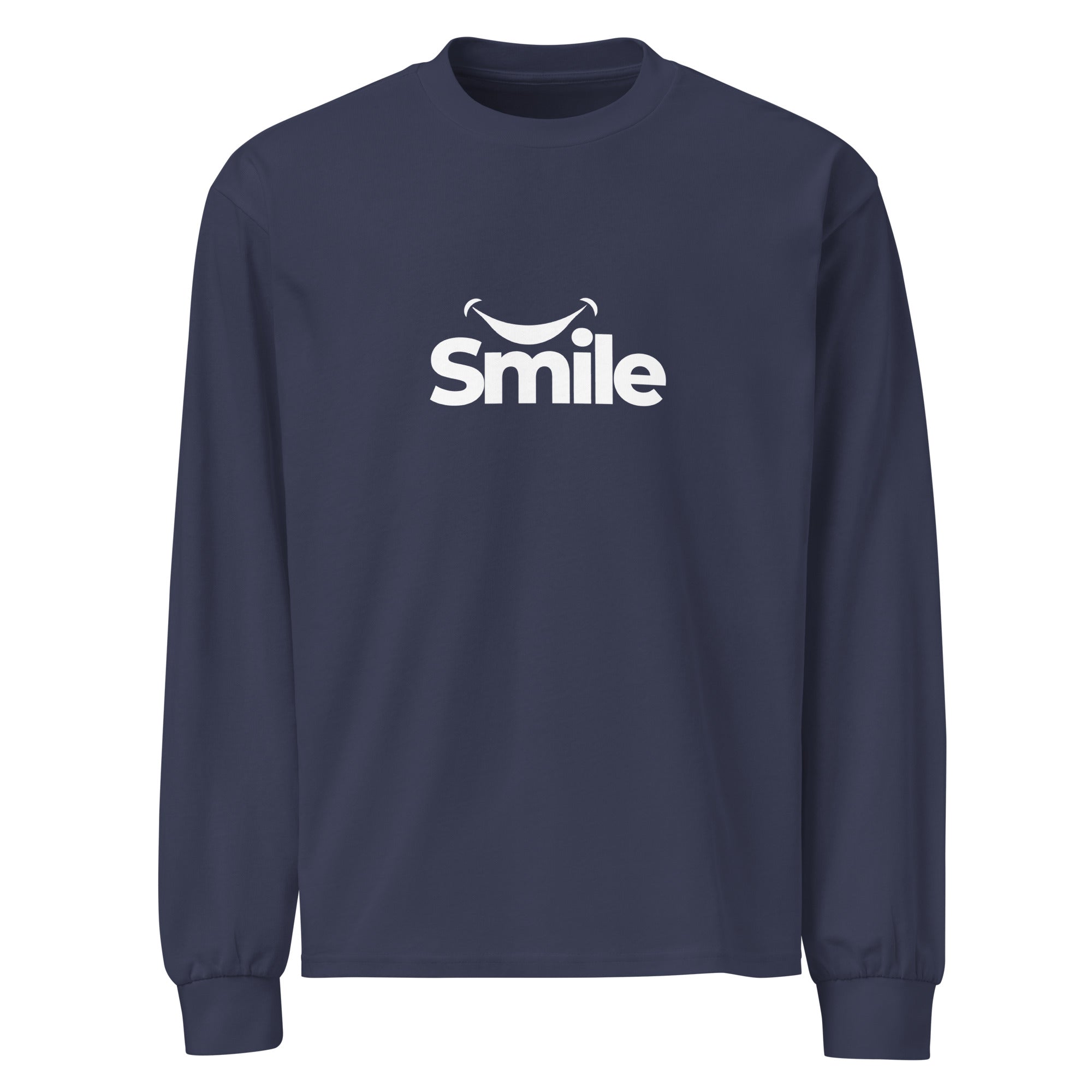 Unisex Premium Heavyweight Long Sleeve Shirt | Smile Midnight Blue long sleeve shirt AwRans Clothing unisex-premium-heavyweight-long-sleeve-shirt-midnight-blue-front-67f29f01b4229