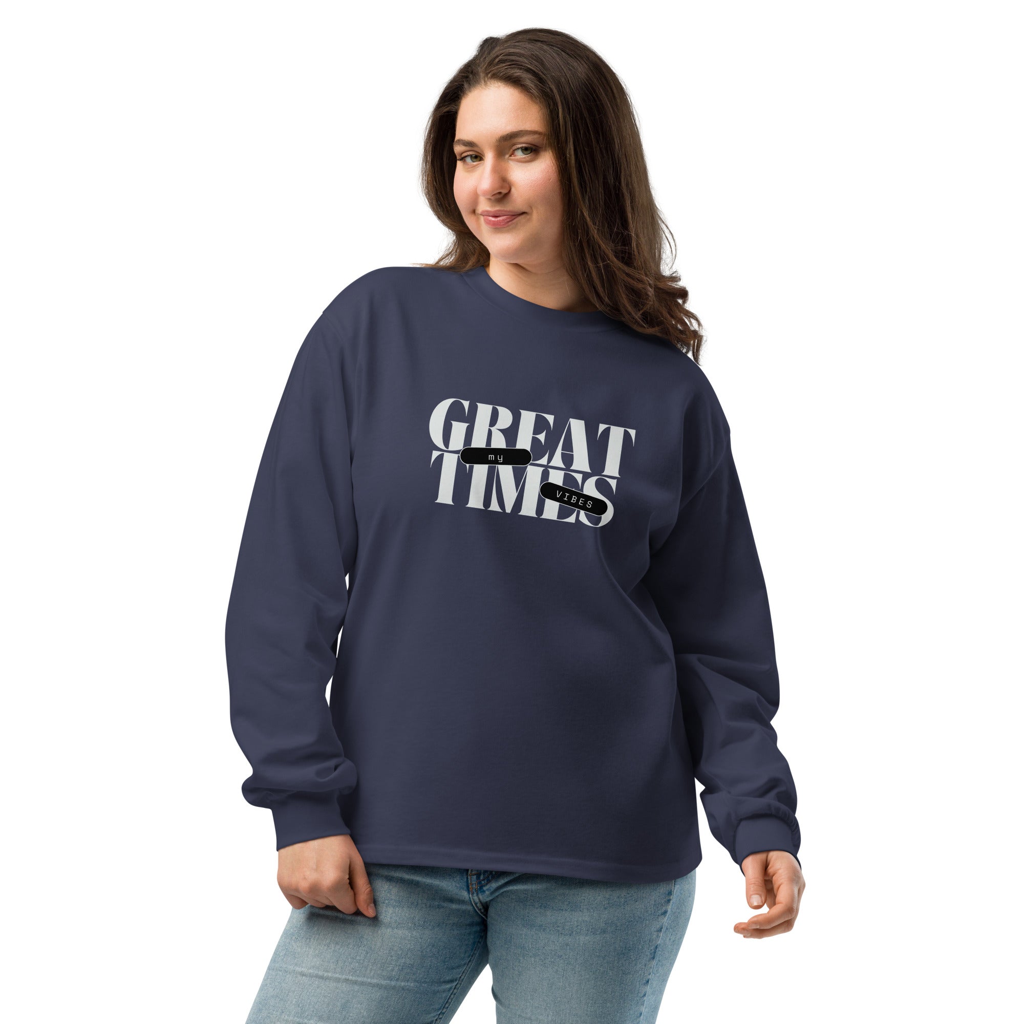 Unisex Premium Heavyweight Long Sleeve Shirt | My Vibes Great Time long sleeve shirt AwRans Clothing unisex-premium-heavyweight-long-sleeve-shirt-midnight-blue-front-67f2a050c291c