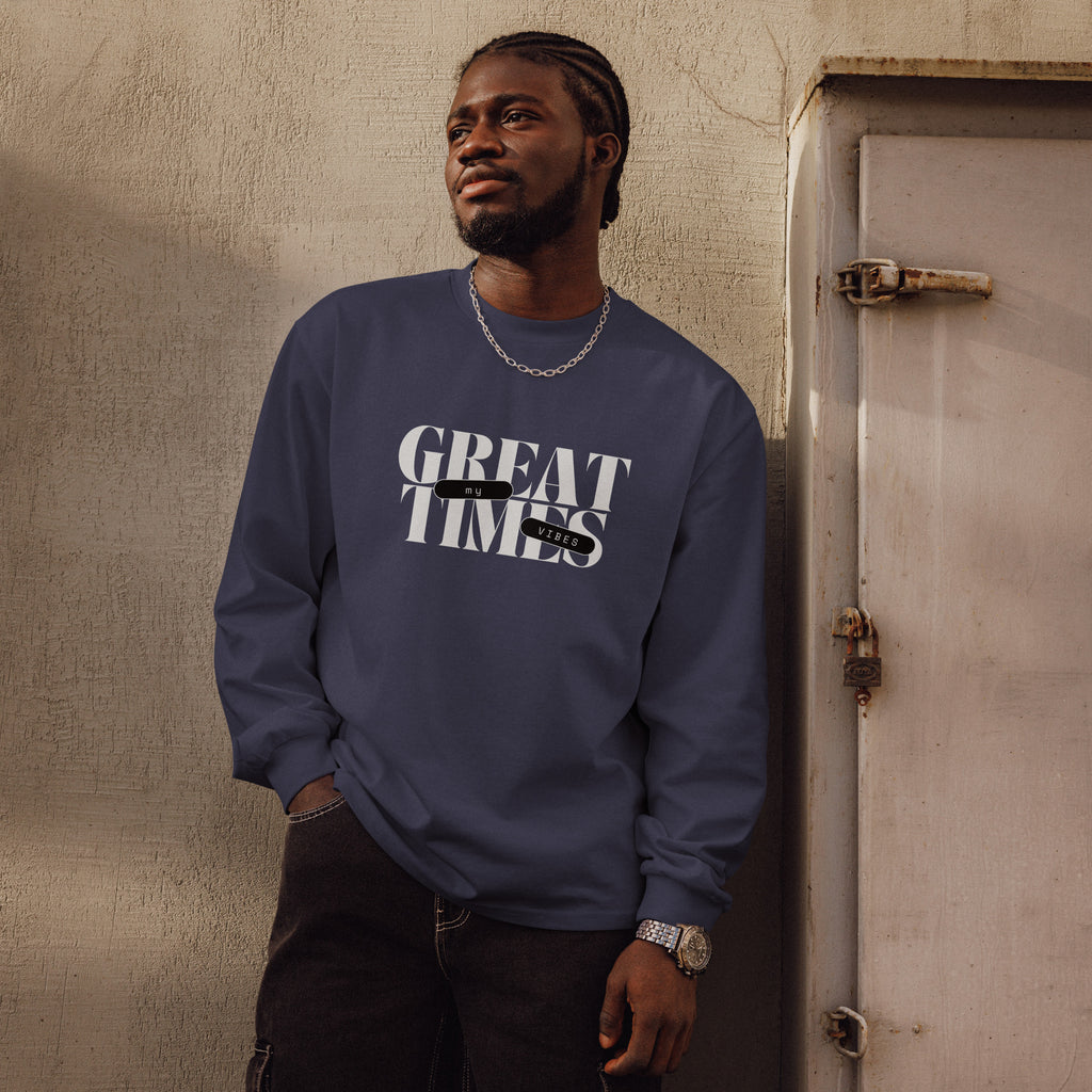 Unisex Premium Heavyweight Long Sleeve Shirt | My Vibes Great Time long sleeve shirt AwRans Clothing unisex-premium-heavyweight-long-sleeve-shirt-midnight-blue-front-67f2a050c508d