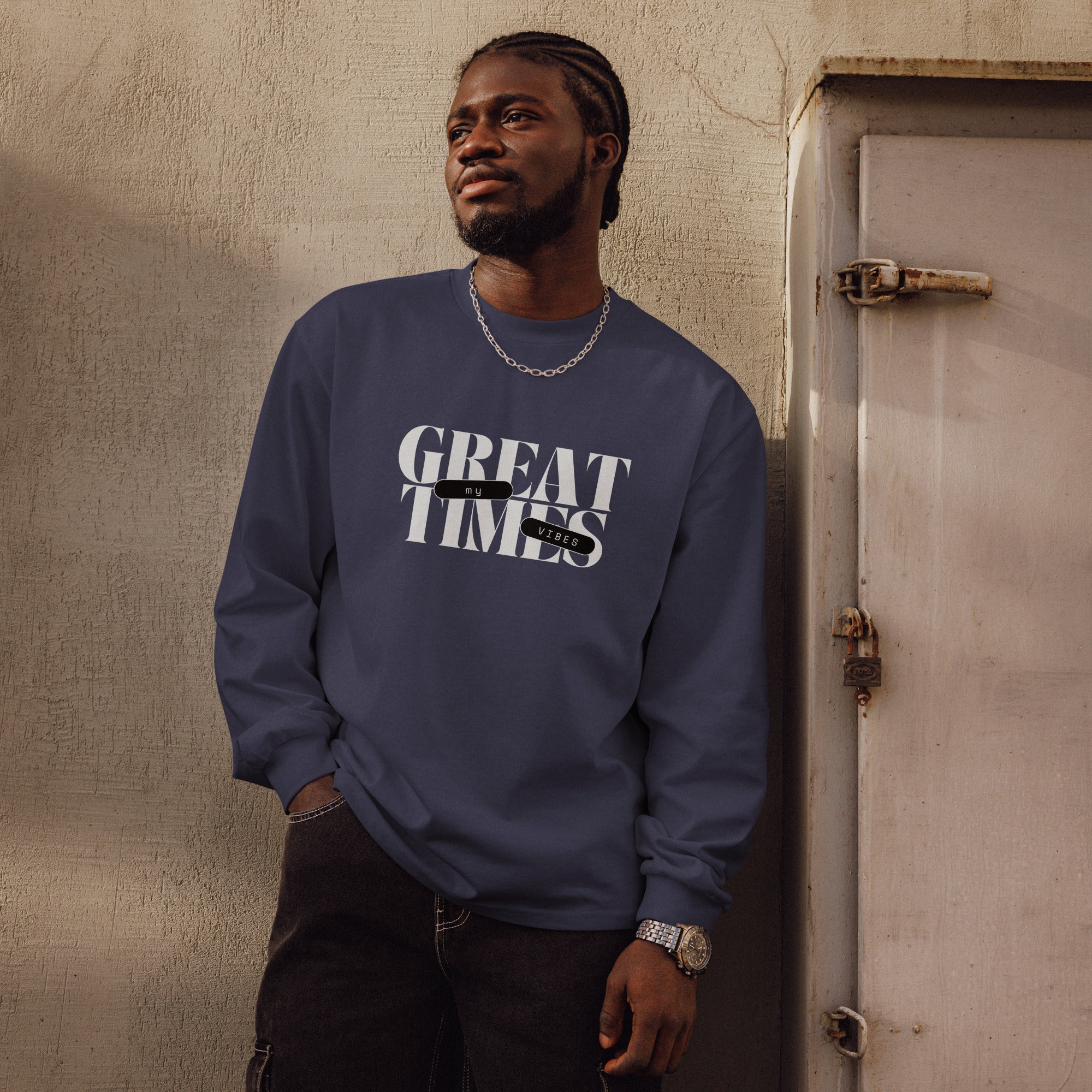 Unisex Premium Heavyweight Long Sleeve Shirt | My Vibes Great Time long sleeve shirt AwRans Clothing unisex-premium-heavyweight-long-sleeve-shirt-midnight-blue-front-67f2a050c508d