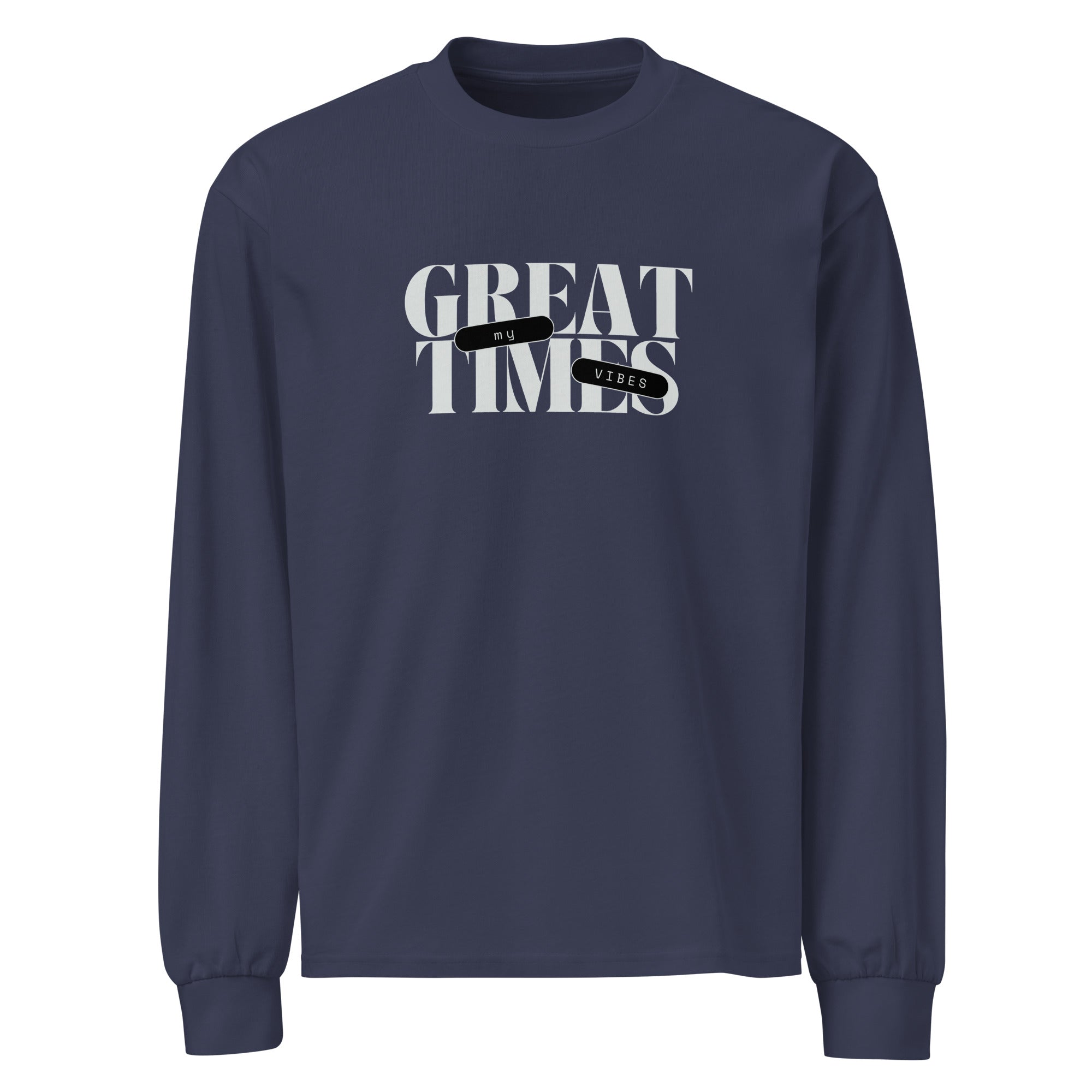 Unisex Premium Heavyweight Long Sleeve Shirt | My Vibes Great Time Midnight Blue long sleeve shirt AwRans Clothing unisex-premium-heavyweight-long-sleeve-shirt-midnight-blue-front-67f2a050c7414