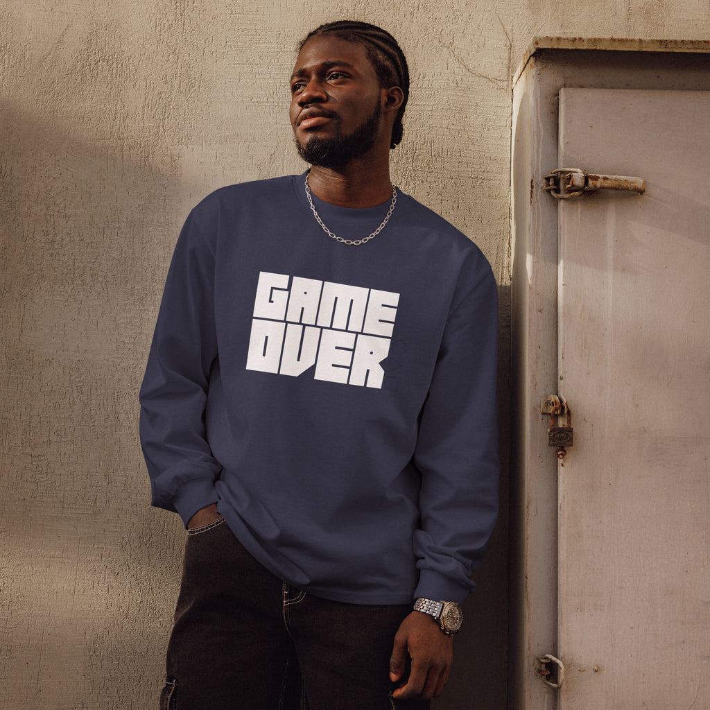 Unisex Premium Heavyweight Long Sleeve Shirt | Game Over long sleeve shirt AwRans Clothing unisex-premium-heavyweight-long-sleeve-shirt-midnight-blue-front-67f2c242b6ecd