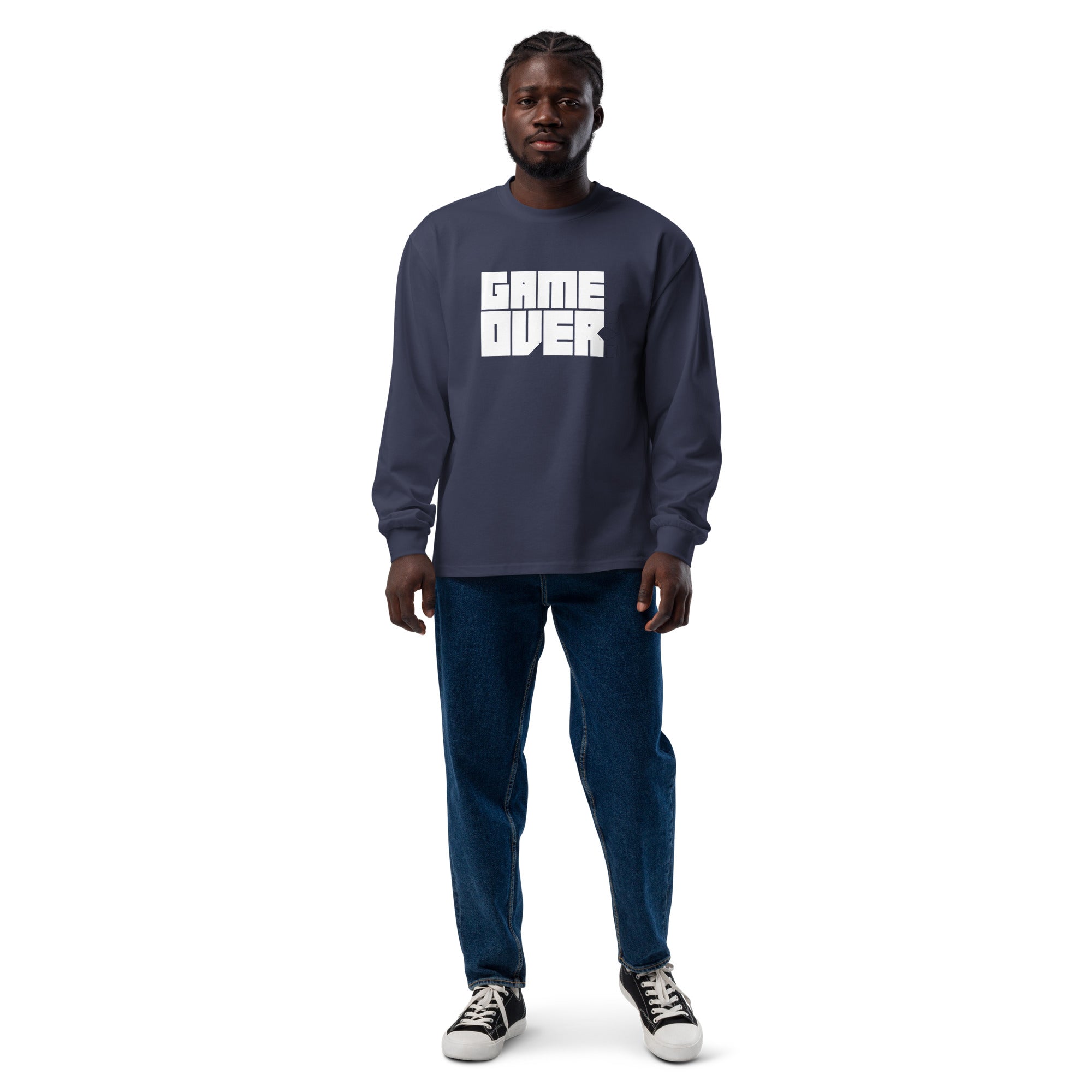 Unisex Premium Heavyweight Long Sleeve Shirt | Game Over long sleeve shirt AwRans Clothing unisex-premium-heavyweight-long-sleeve-shirt-midnight-blue-front-67f2c242b989e