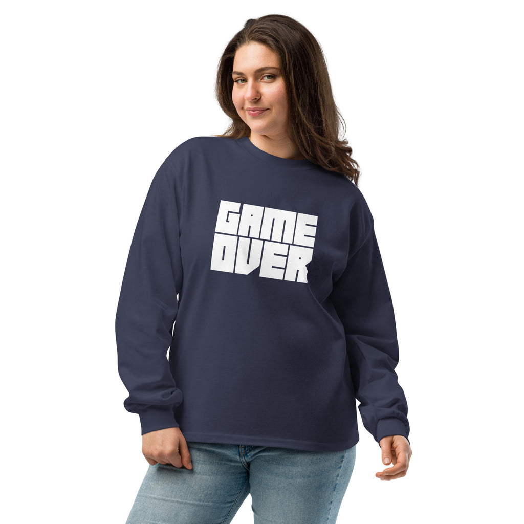 Unisex Premium Heavyweight Long Sleeve Shirt | Game Over long sleeve shirt AwRans Clothing unisex-premium-heavyweight-long-sleeve-shirt-midnight-blue-front-67f2c242ba3c9