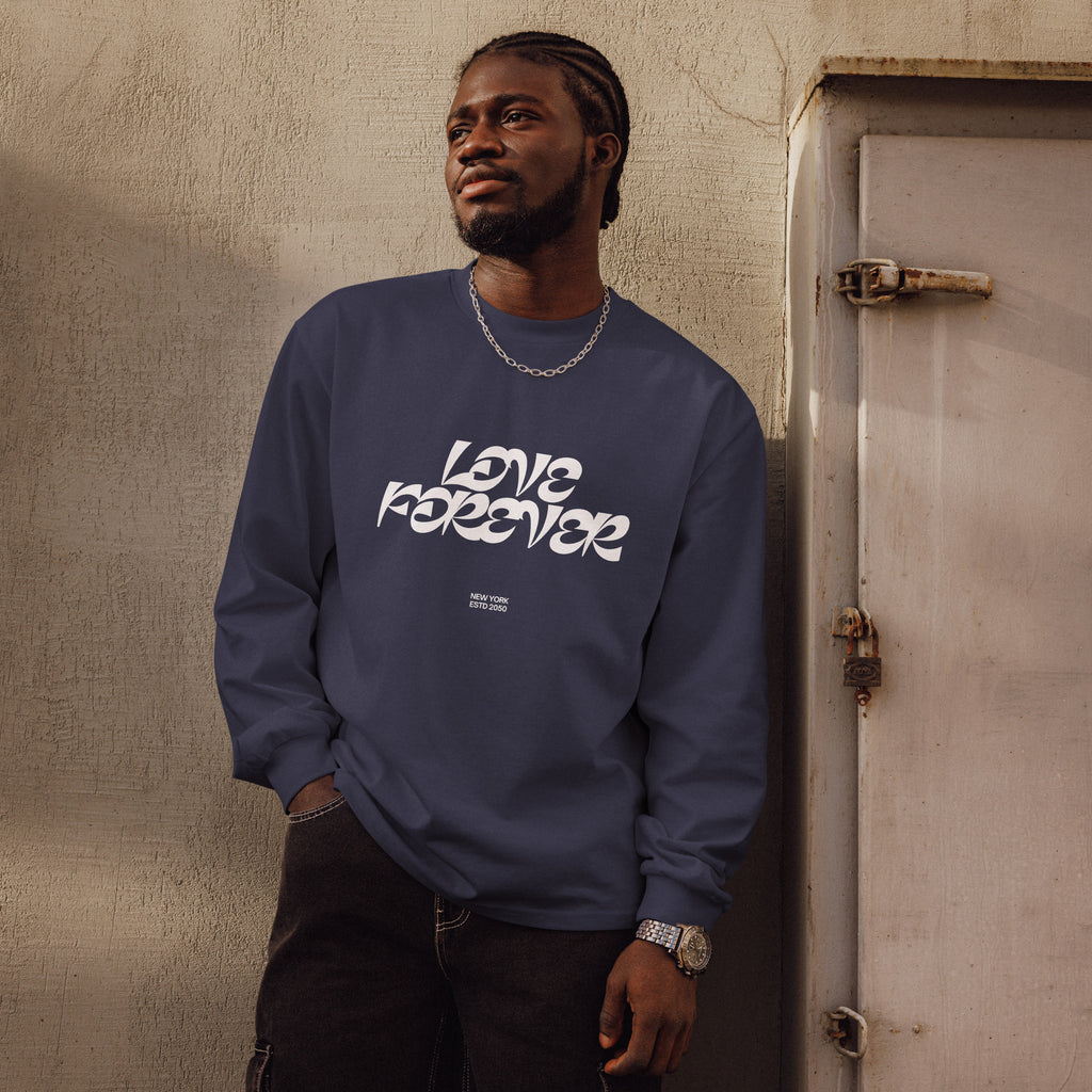 Unisex Premium Heavyweight Long Sleeve Shirt | Love Forever long sleeve shirt AwRans Clothing unisex-premium-heavyweight-long-sleeve-shirt-midnight-blue-front-67f2c2d8ab1e2
