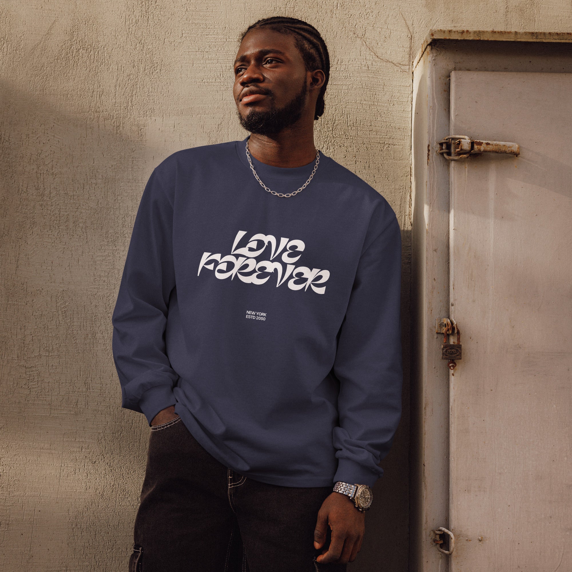 Unisex Premium Heavyweight Long Sleeve Shirt | Love Forever long sleeve shirt AwRans Clothing unisex-premium-heavyweight-long-sleeve-shirt-midnight-blue-front-67f2c2d8ab1e2