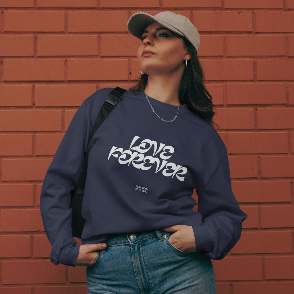 Unisex Premium Heavyweight Long Sleeve Shirt | Love Forever long sleeve shirt AwRans Clothing unisex-premium-heavyweight-long-sleeve-shirt-midnight-blue-front-67f2c2d8abfea