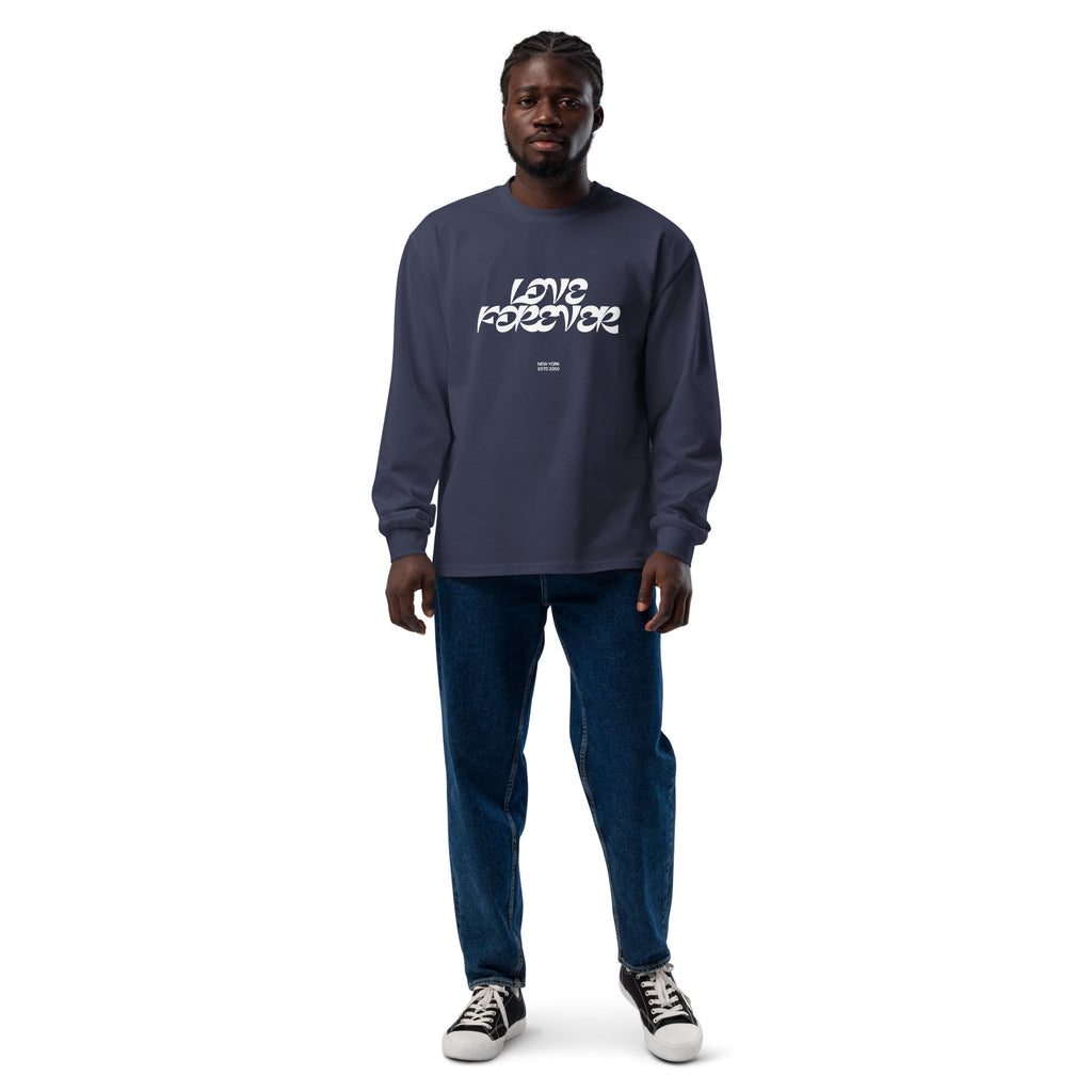 Unisex Premium Heavyweight Long Sleeve Shirt | Love Forever long sleeve shirt AwRans Clothing unisex-premium-heavyweight-long-sleeve-shirt-midnight-blue-front-67f2c2d8ac80f