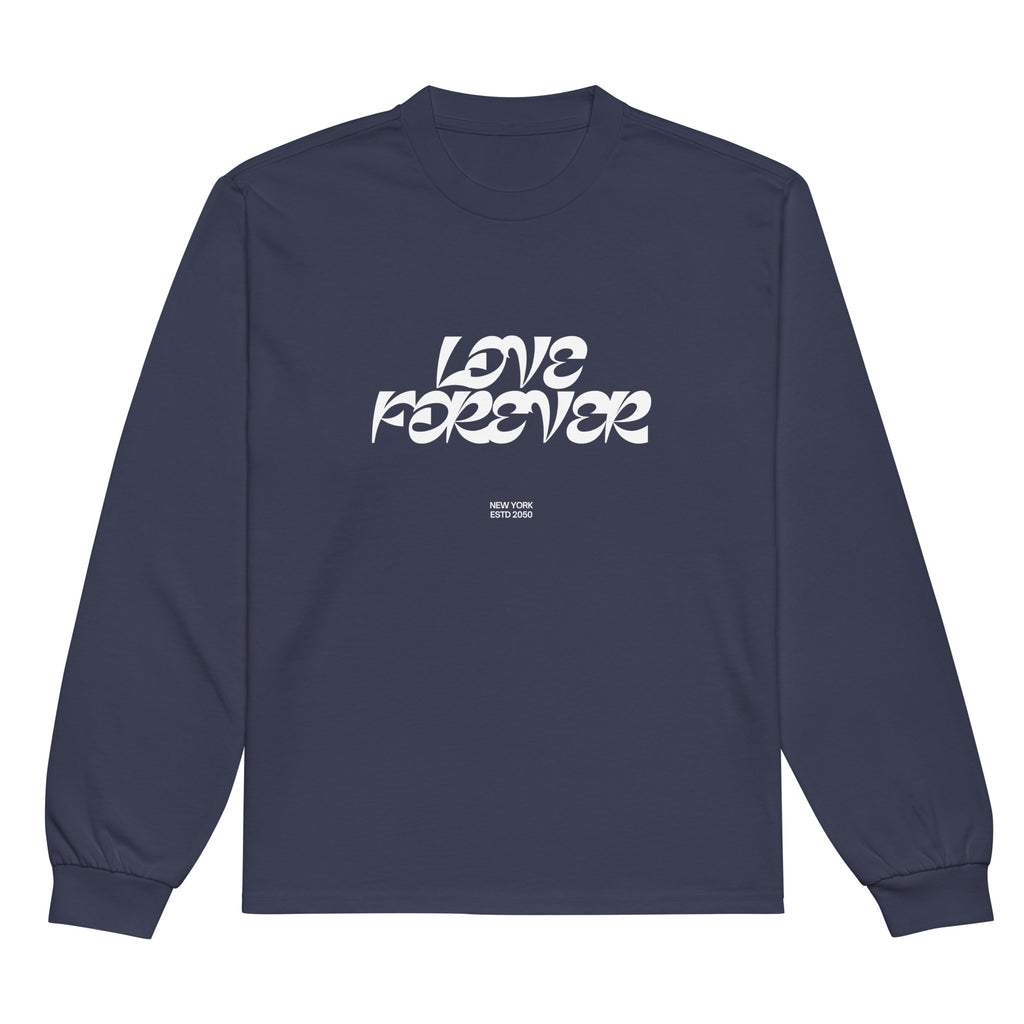 Unisex Premium Heavyweight Long Sleeve Shirt | Love Forever long sleeve shirt AwRans Clothing unisex-premium-heavyweight-long-sleeve-shirt-midnight-blue-front-67f2c2d8ad93d