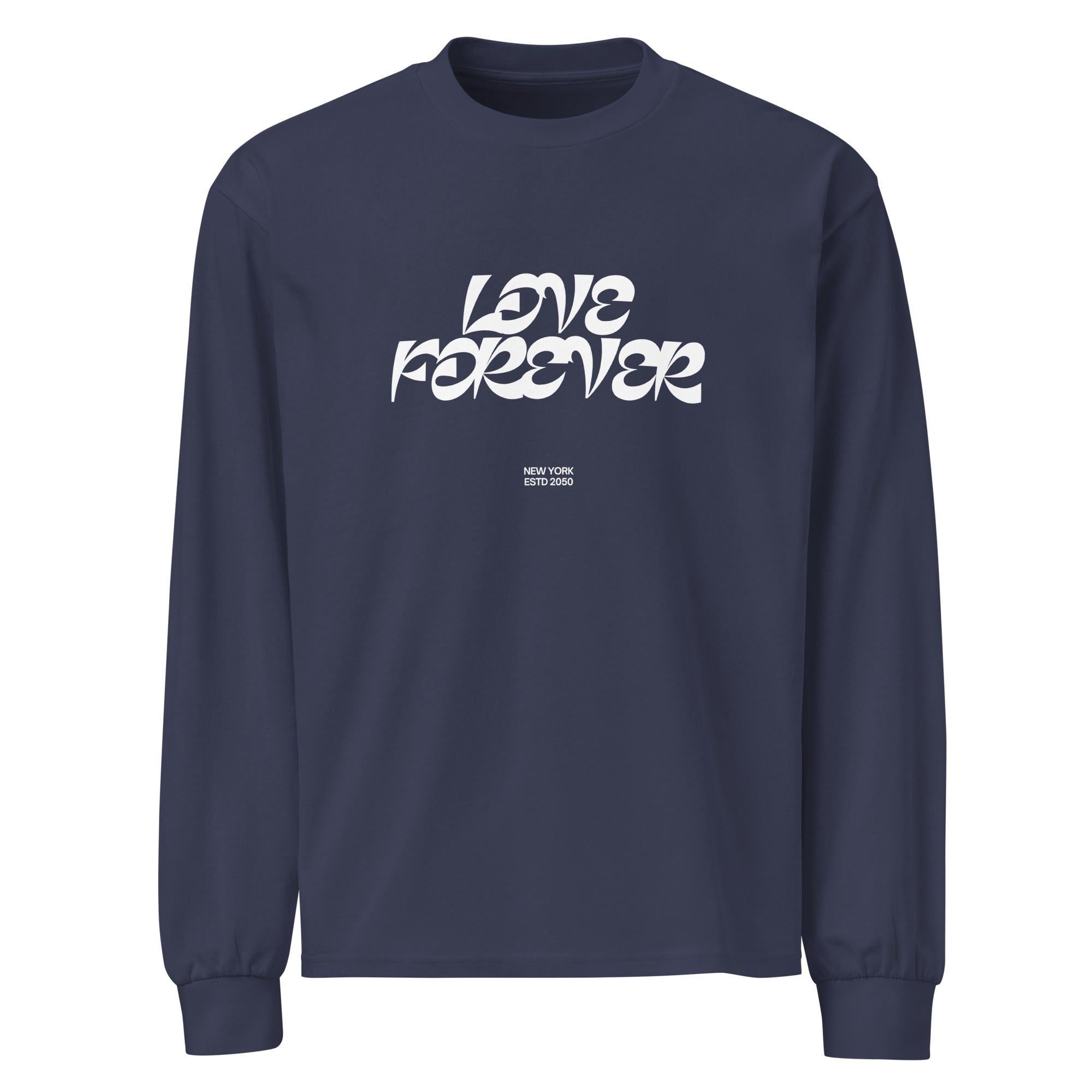 Unisex Premium Heavyweight Long Sleeve Shirt | Love Forever Midnight Blue long sleeve shirt AwRans Clothing unisex-premium-heavyweight-long-sleeve-shirt-midnight-blue-front-67f2c2d8b1201