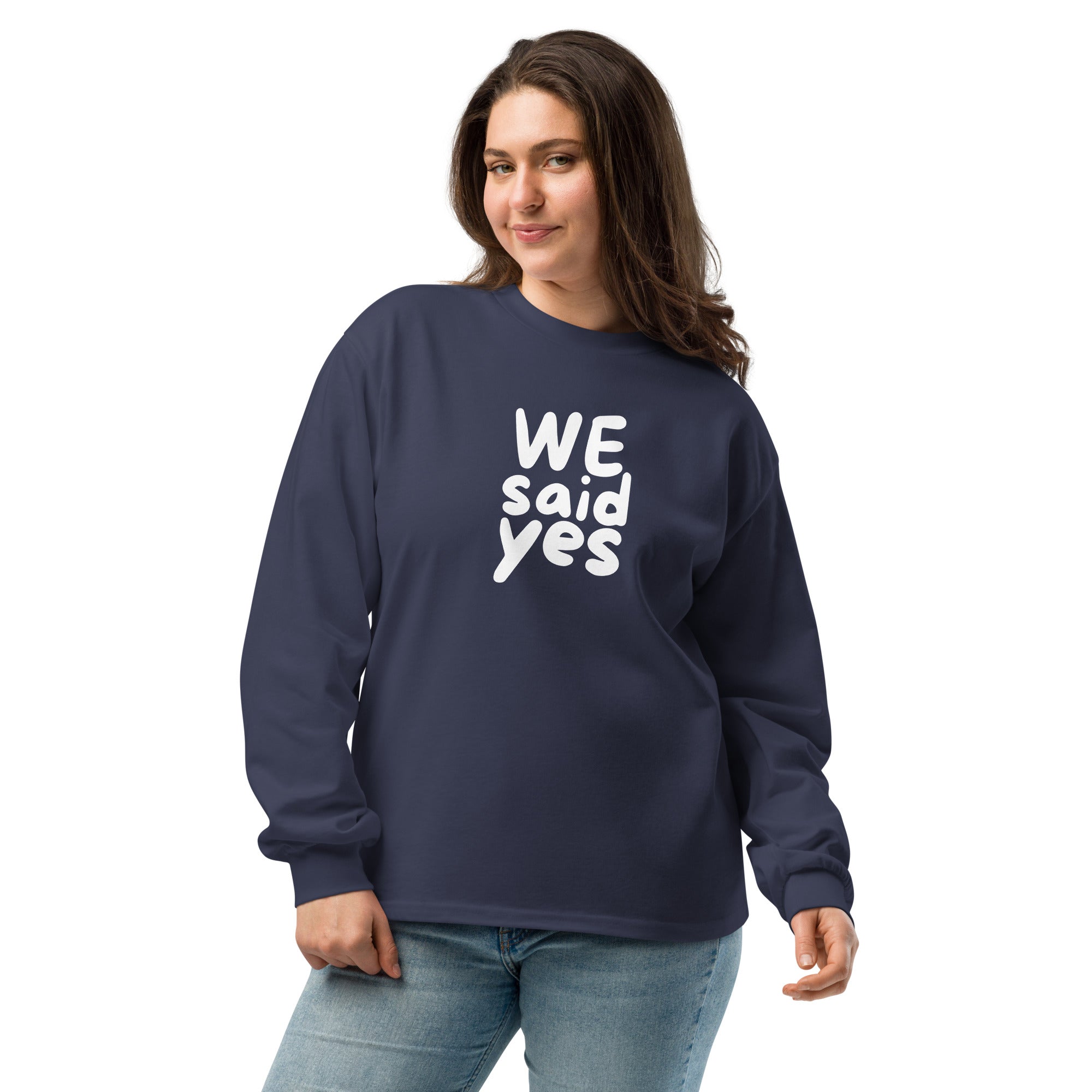 Unisex Premium Heavyweight Long Sleeve Shirt | We Said Yes long sleeve shirt AwRans Clothing unisex-premium-heavyweight-long-sleeve-shirt-midnight-blue-front-67f2c36814d36