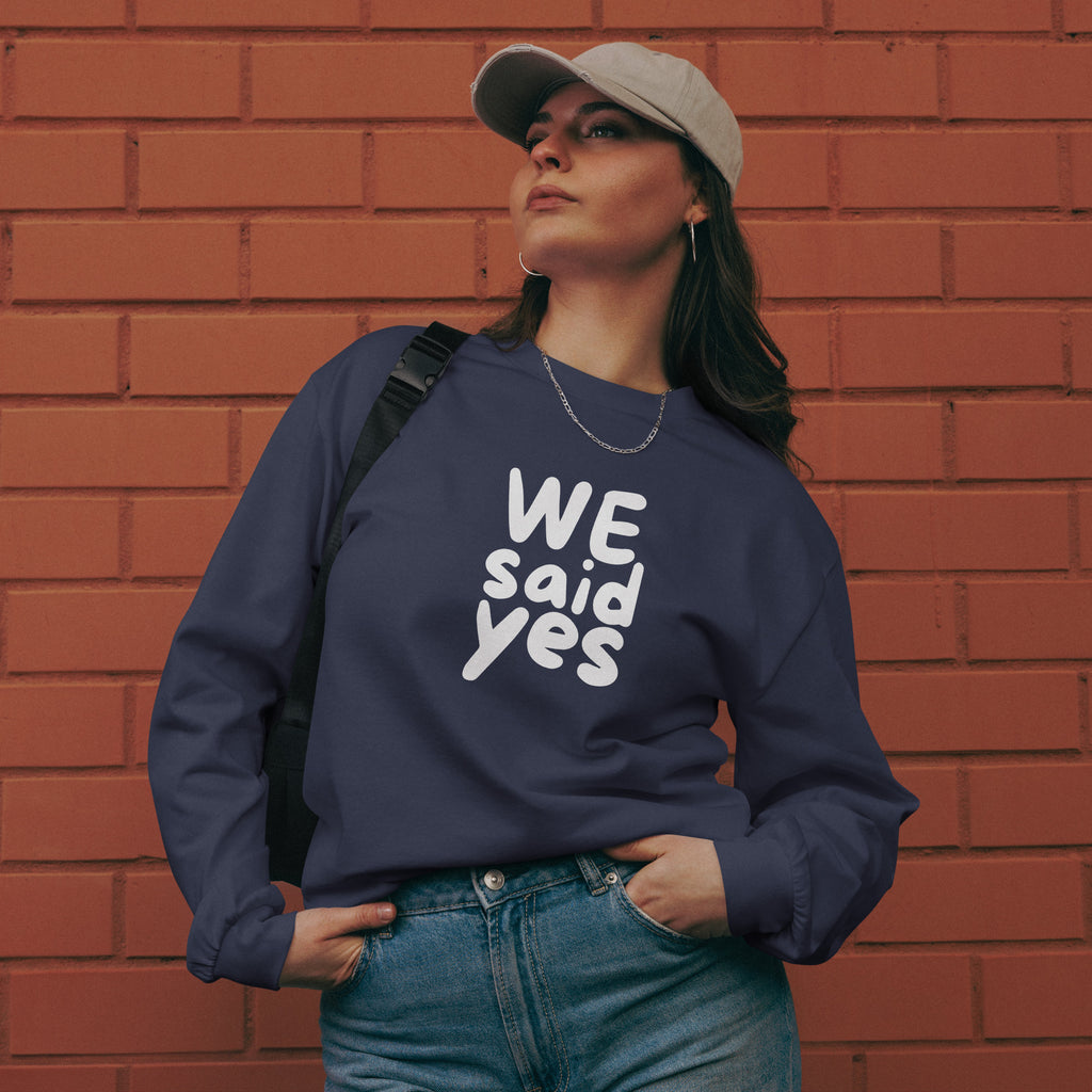 Unisex Premium Heavyweight Long Sleeve Shirt | We Said Yes long sleeve shirt AwRans Clothing unisex-premium-heavyweight-long-sleeve-shirt-midnight-blue-front-67f2c3681729d