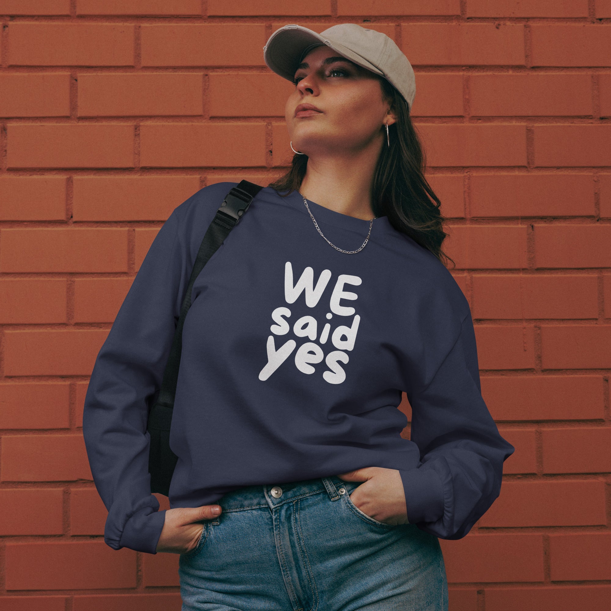 Unisex Premium Heavyweight Long Sleeve Shirt | We Said Yes long sleeve shirt AwRans Clothing unisex-premium-heavyweight-long-sleeve-shirt-midnight-blue-front-67f2c3681729d