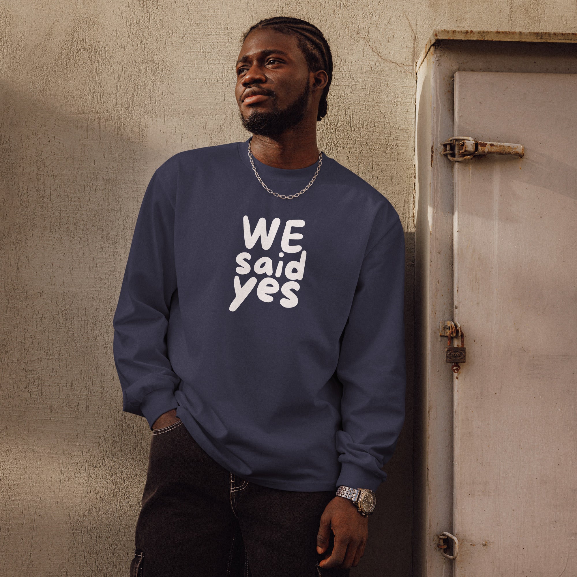 Unisex Premium Heavyweight Long Sleeve Shirt | We Said Yes long sleeve shirt AwRans Clothing unisex-premium-heavyweight-long-sleeve-shirt-midnight-blue-front-67f2c36818770
