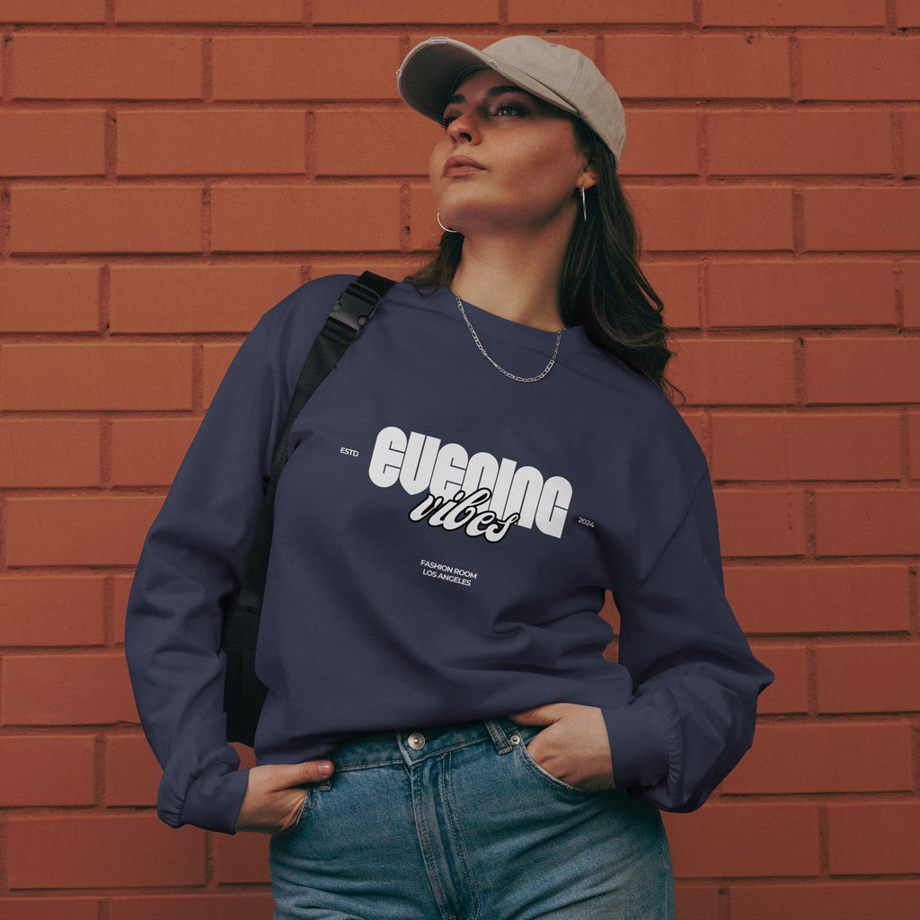 Unisex Premium Heavyweight Long Sleeve Shirt | Evening Vibes long sleeve shirt AwRans Clothing unisex-premium-heavyweight-long-sleeve-shirt-midnight-blue-front-67f2c4171fbaf