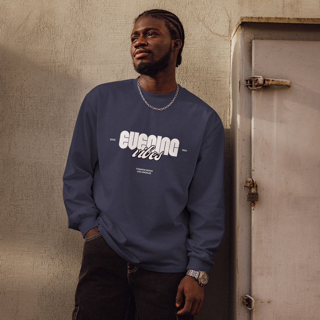 Unisex Premium Heavyweight Long Sleeve Shirt | Evening Vibes long sleeve shirt AwRans Clothing unisex-premium-heavyweight-long-sleeve-shirt-midnight-blue-front-67f2c4172113e