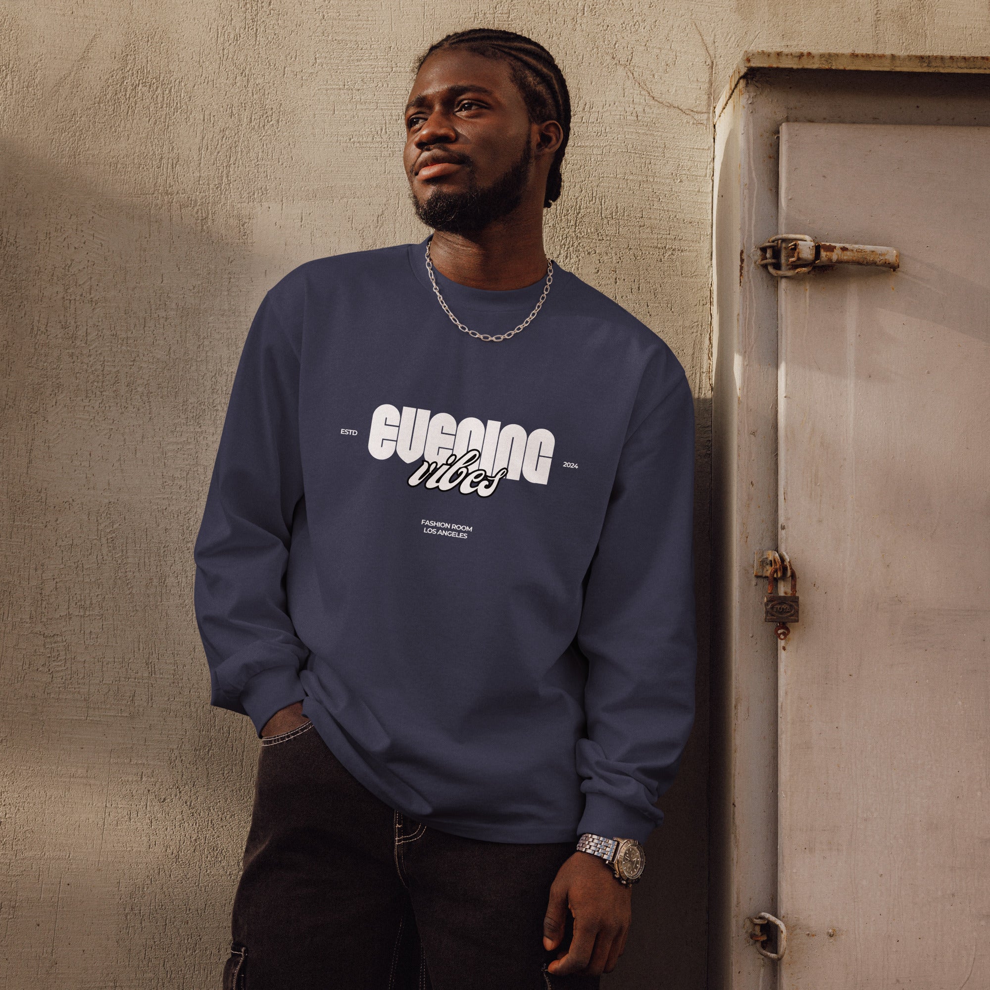 Unisex Premium Heavyweight Long Sleeve Shirt | Evening Vibes long sleeve shirt AwRans Clothing unisex-premium-heavyweight-long-sleeve-shirt-midnight-blue-front-67f2c4172113e