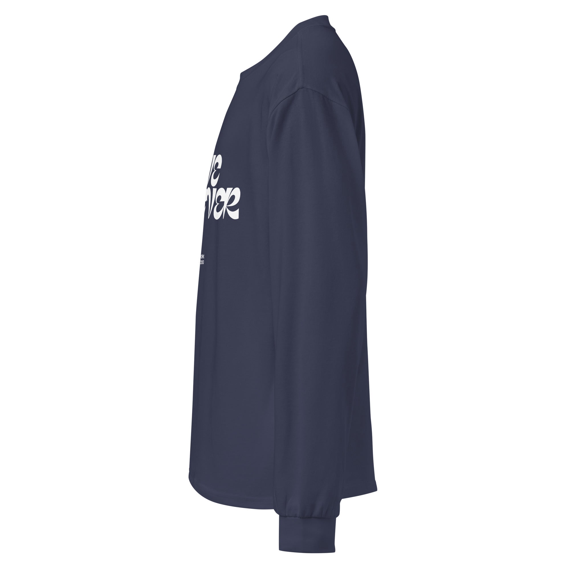 Unisex Premium Heavyweight Long Sleeve Shirt | Love Forever long sleeve shirt AwRans Clothing unisex-premium-heavyweight-long-sleeve-shirt-midnight-blue-left-67f2c2d8b1c10