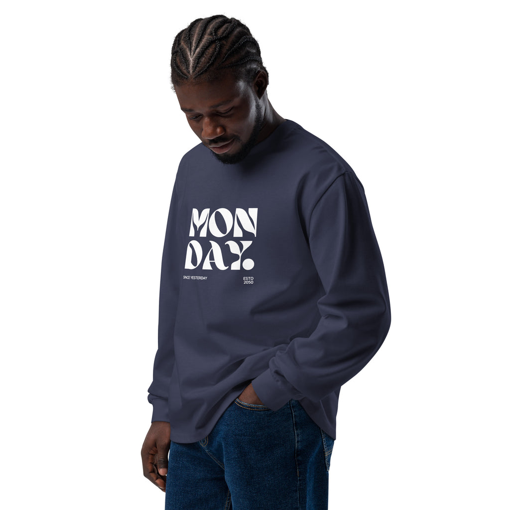 Unisex Premium Heavyweight Long Sleeve Shirt | Monday long sleeve shirt AwRans Clothing unisex-premium-heavyweight-long-sleeve-shirt-midnight-blue-left-front-67eaac57f3748