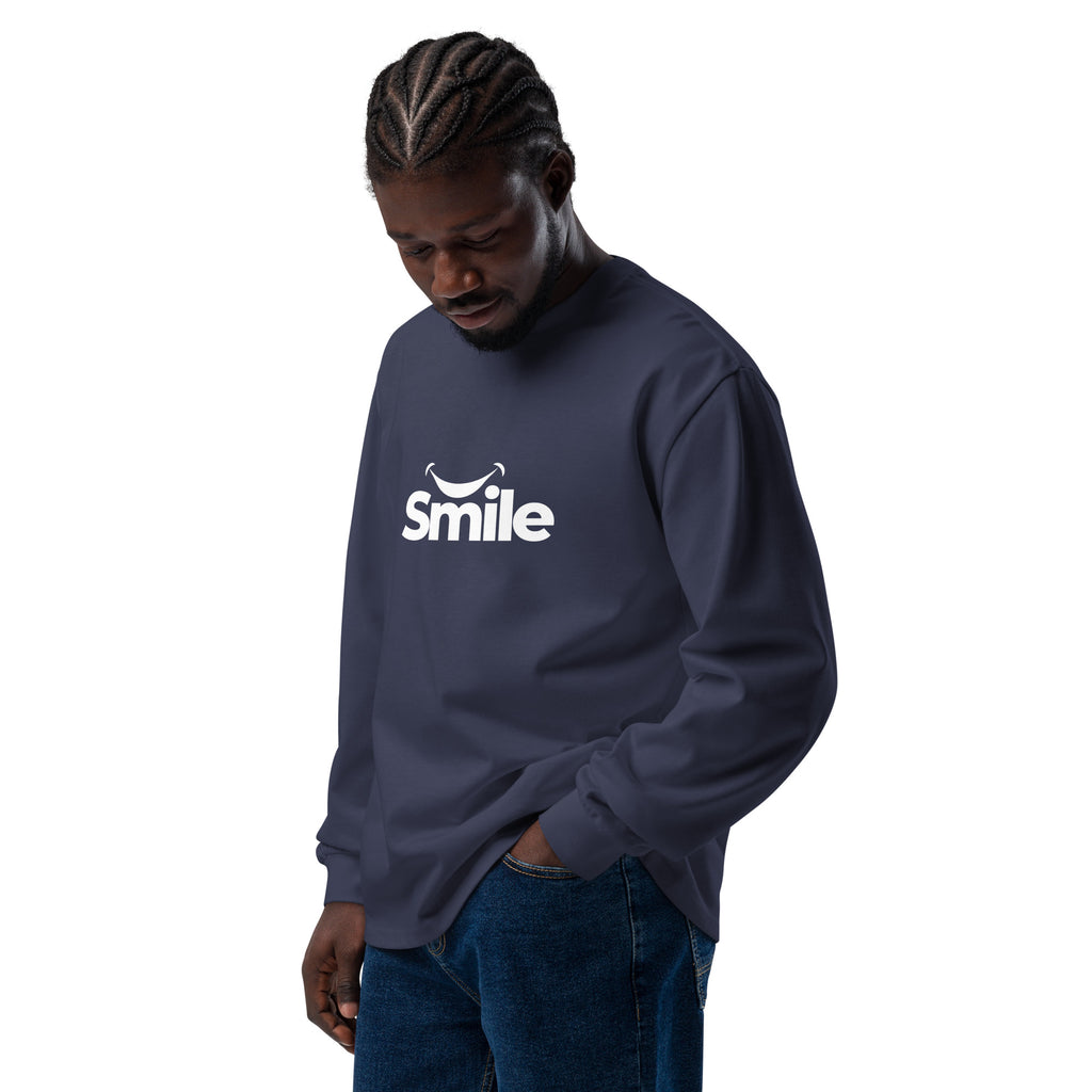 Unisex Premium Heavyweight Long Sleeve Shirt | Smile long sleeve shirt AwRans Clothing unisex-premium-heavyweight-long-sleeve-shirt-midnight-blue-left-front-67f29f0184556