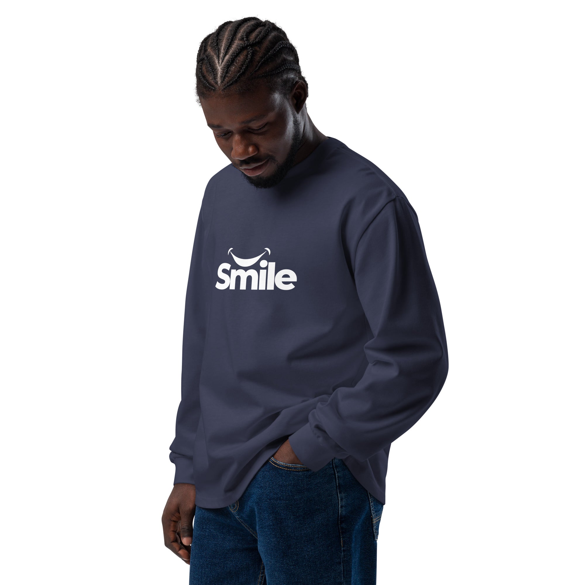 Unisex Premium Heavyweight Long Sleeve Shirt | Smile long sleeve shirt AwRans Clothing unisex-premium-heavyweight-long-sleeve-shirt-midnight-blue-left-front-67f29f0184556