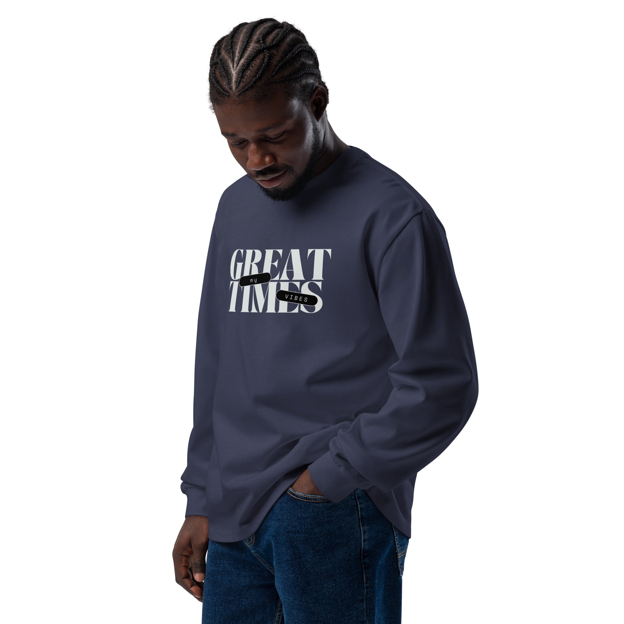 Unisex Premium Heavyweight Long Sleeve Shirt | My Vibes Great Time long sleeve shirt AwRans Clothing unisex-premium-heavyweight-long-sleeve-shirt-midnight-blue-left-front-67f2a050c2300