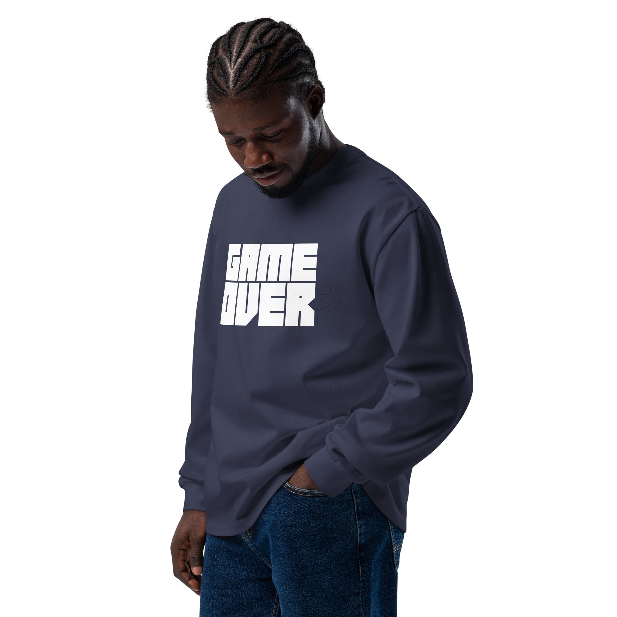 Unisex Premium Heavyweight Long Sleeve Shirt | Game Over long sleeve shirt AwRans Clothing unisex-premium-heavyweight-long-sleeve-shirt-midnight-blue-left-front-67f2c242b9e32