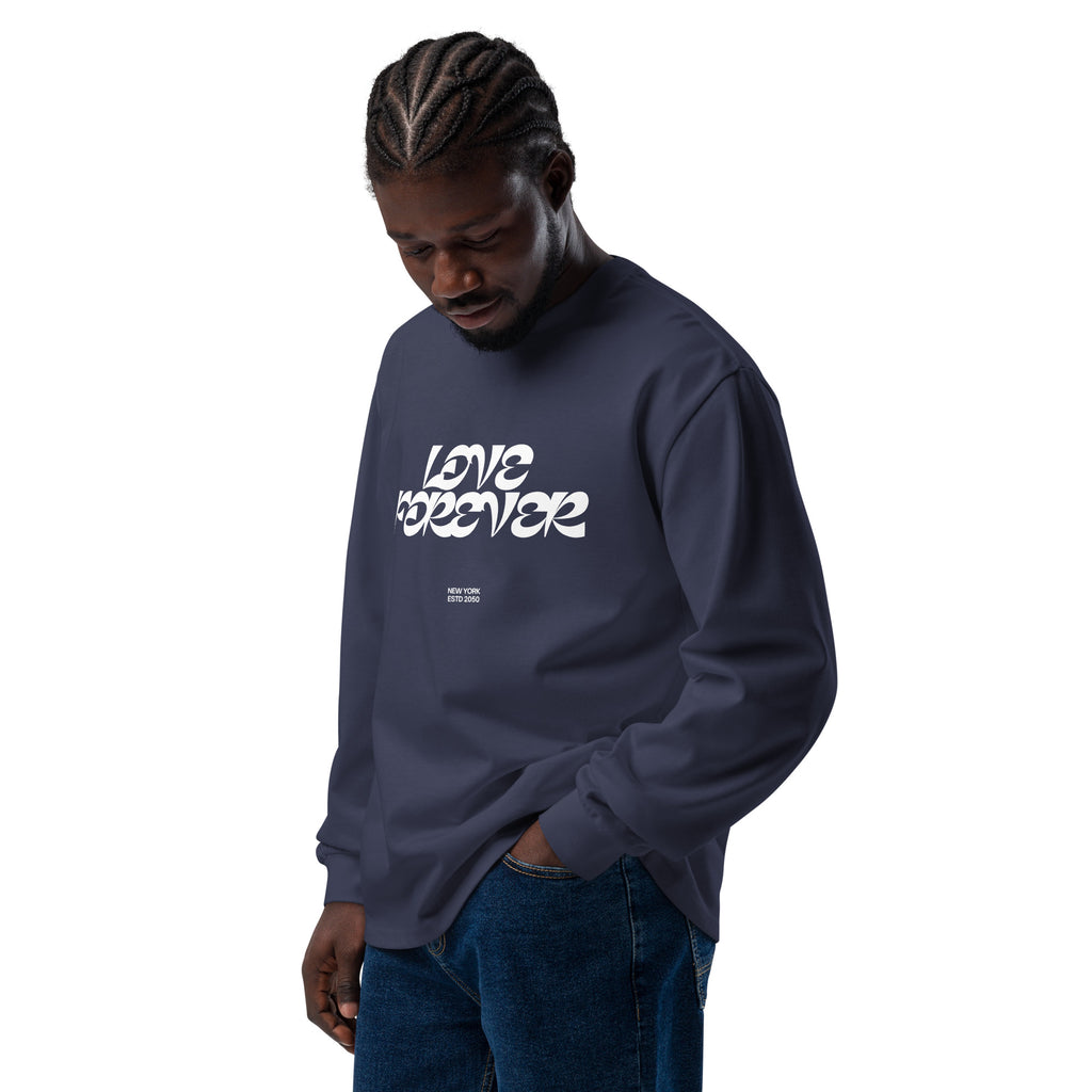Unisex Premium Heavyweight Long Sleeve Shirt | Love Forever long sleeve shirt AwRans Clothing unisex-premium-heavyweight-long-sleeve-shirt-midnight-blue-left-front-67f2c2d8acdec