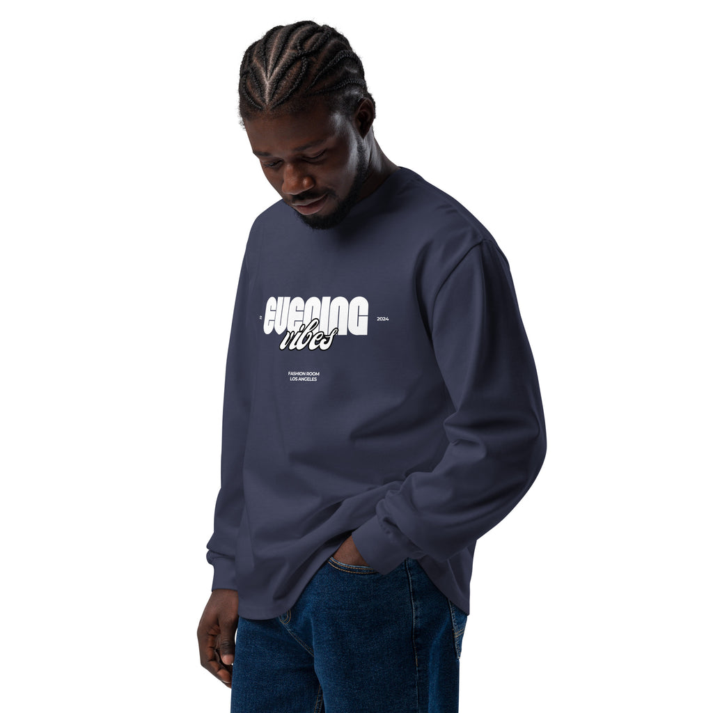 Unisex Premium Heavyweight Long Sleeve Shirt | Evening Vibes long sleeve shirt AwRans Clothing unisex-premium-heavyweight-long-sleeve-shirt-midnight-blue-left-front-67f2c4171cf68