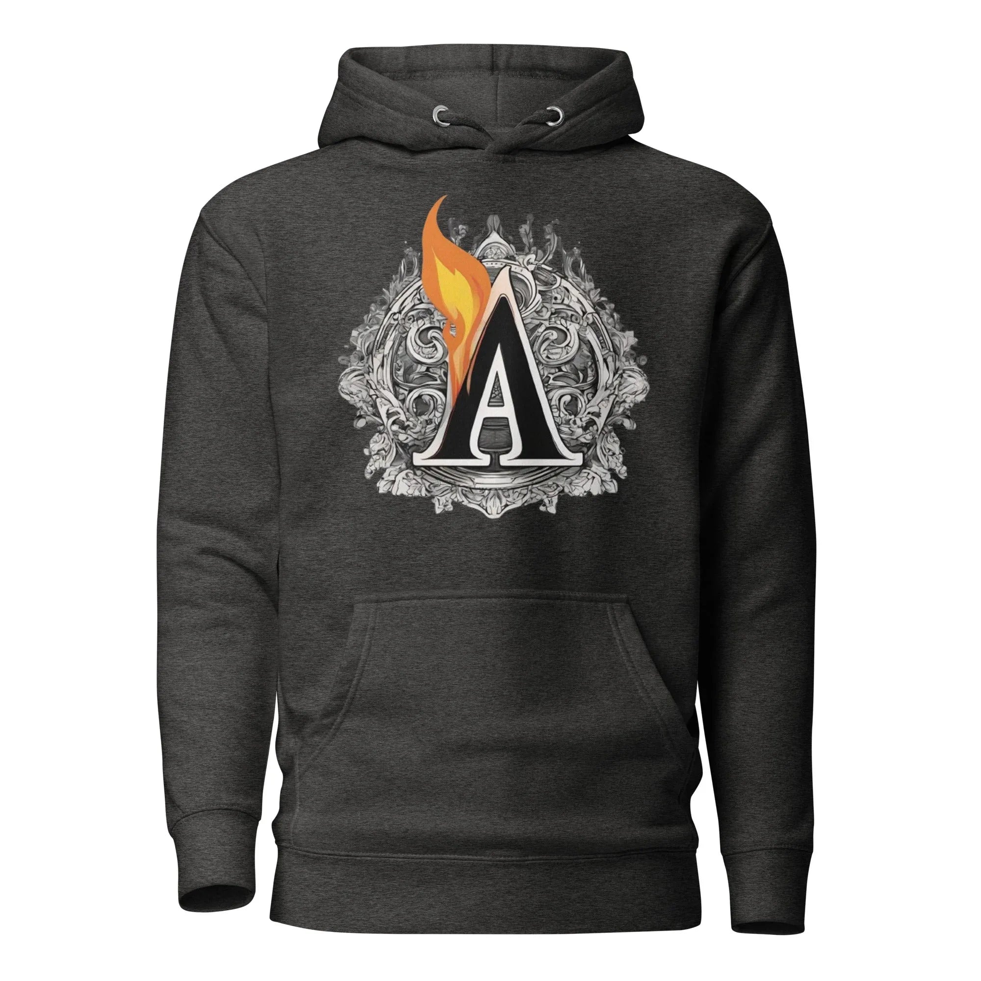 Unisex | The Burning A Hoodie Charcoal Heather hoodie AwRans Clothing unisex-premium-hoodie-charcoal-heather-front-6617f15b9123a