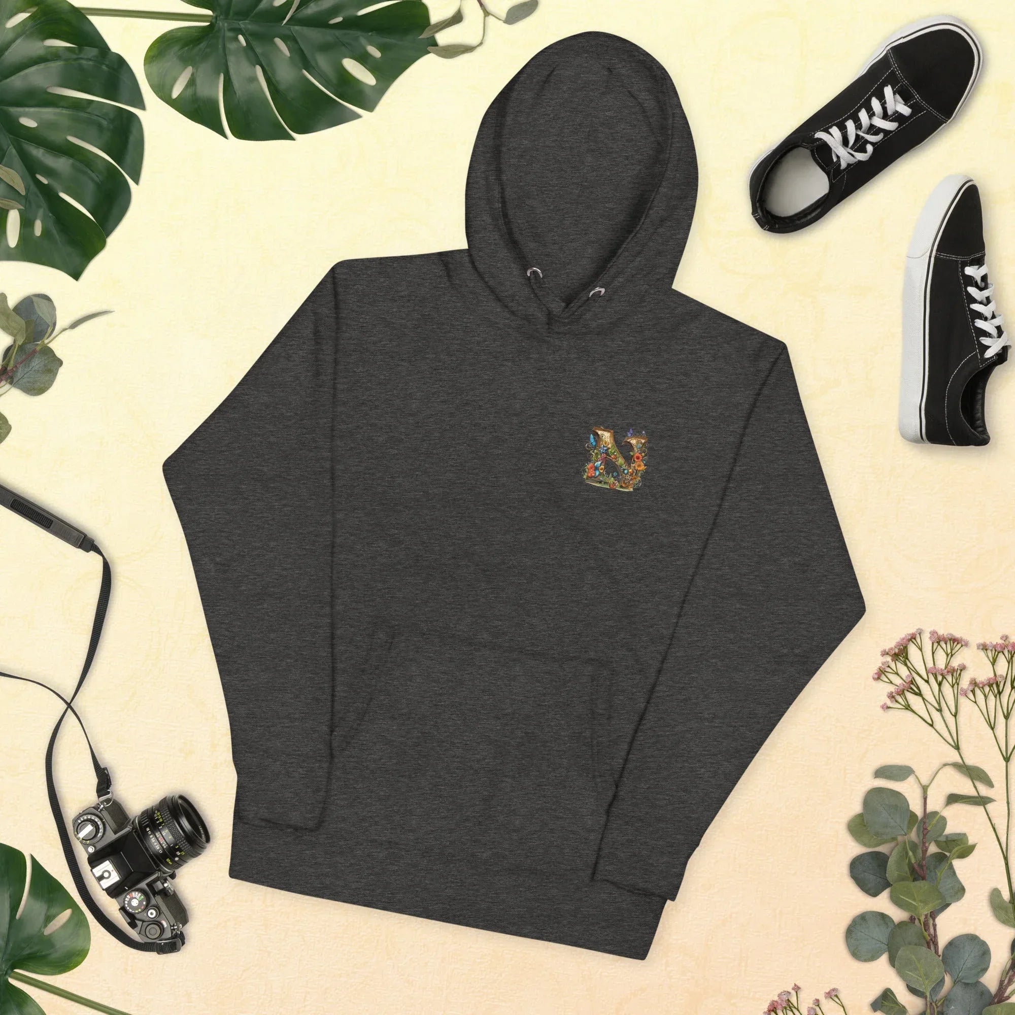 Unisex | N's Roses Hoodie Charcoal Heather hoodie AwRans Clothing unisex-premium-hoodie-charcoal-heather-front-66183a8210561