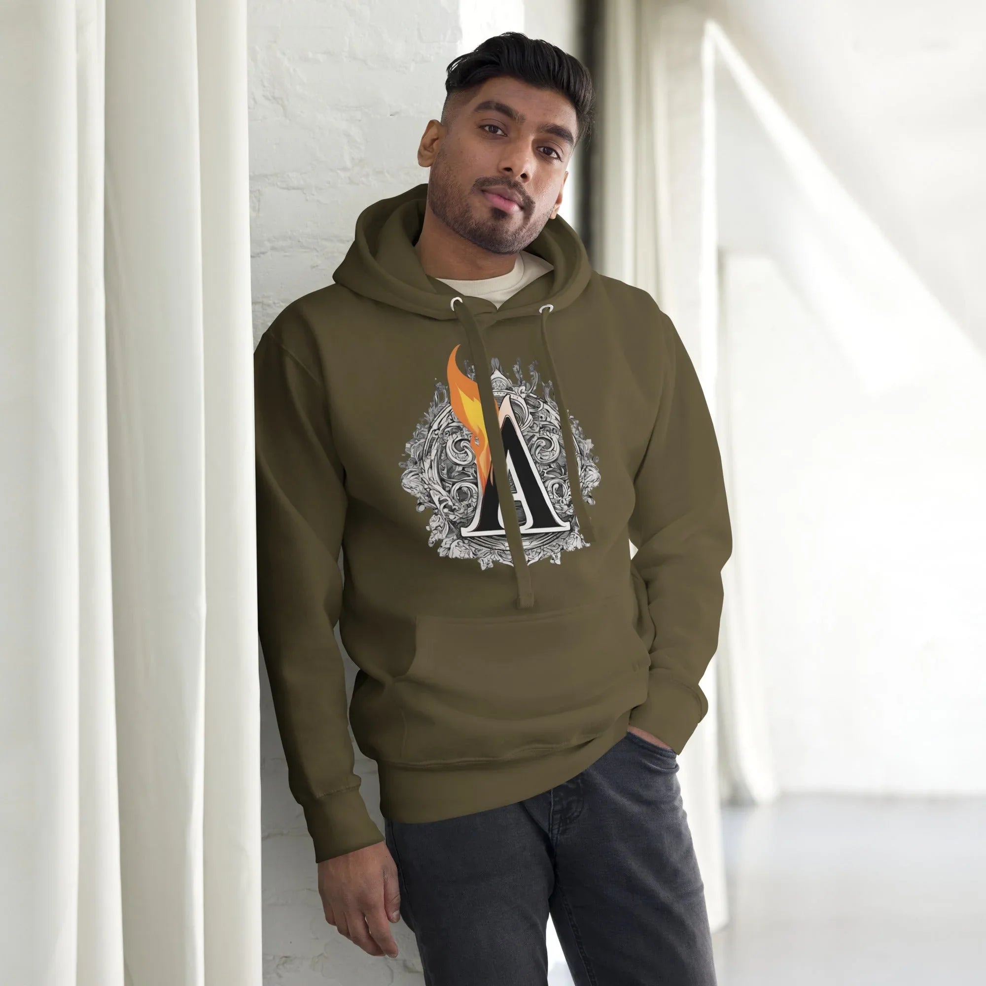 Unisex | The Burning A Hoodie hoodie AwRans Clothing unisex-premium-hoodie-military-green-front-6617f15b765d3