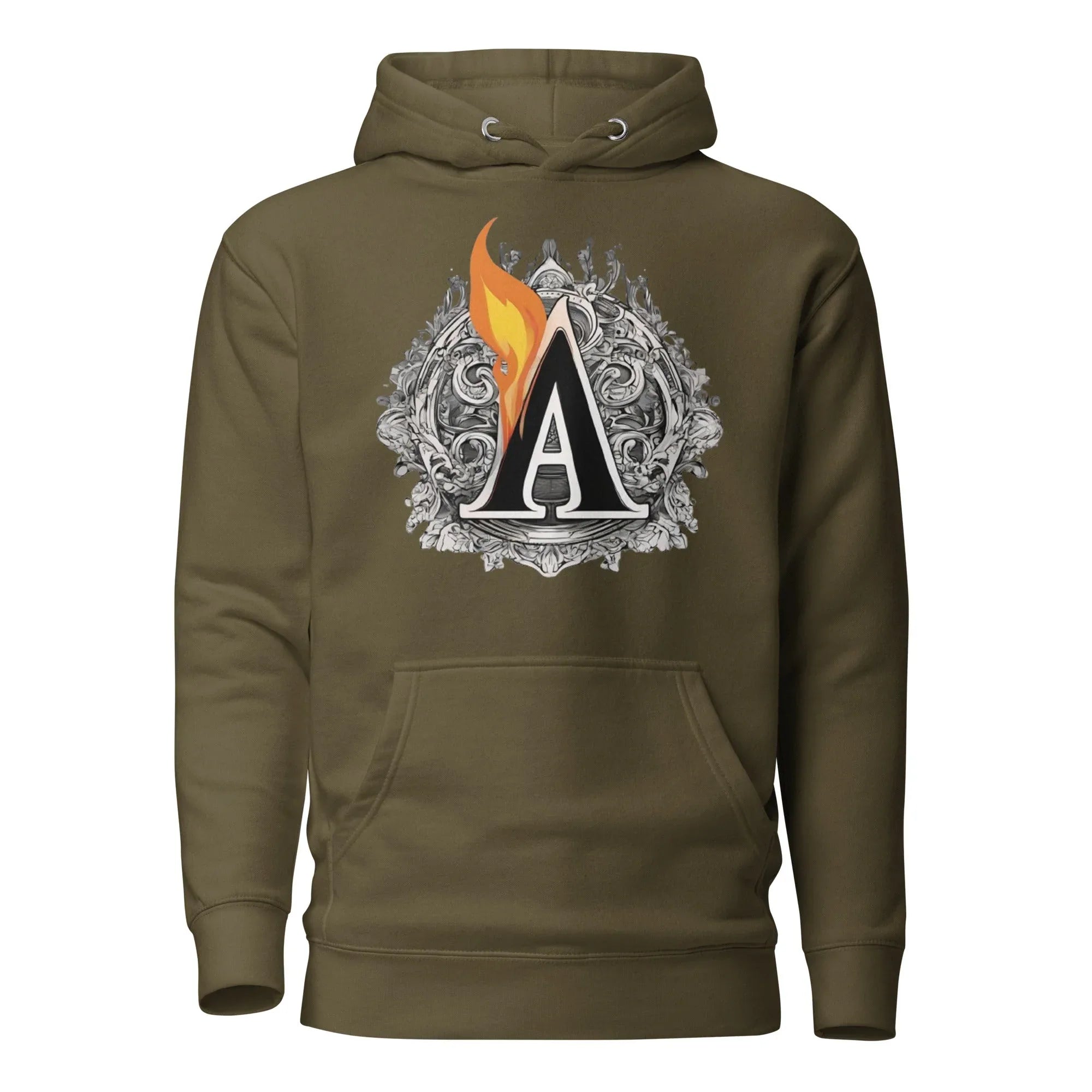 Unisex | The Burning A Hoodie Military Green hoodie AwRans Clothing unisex-premium-hoodie-military-green-front-6617f15b962ec