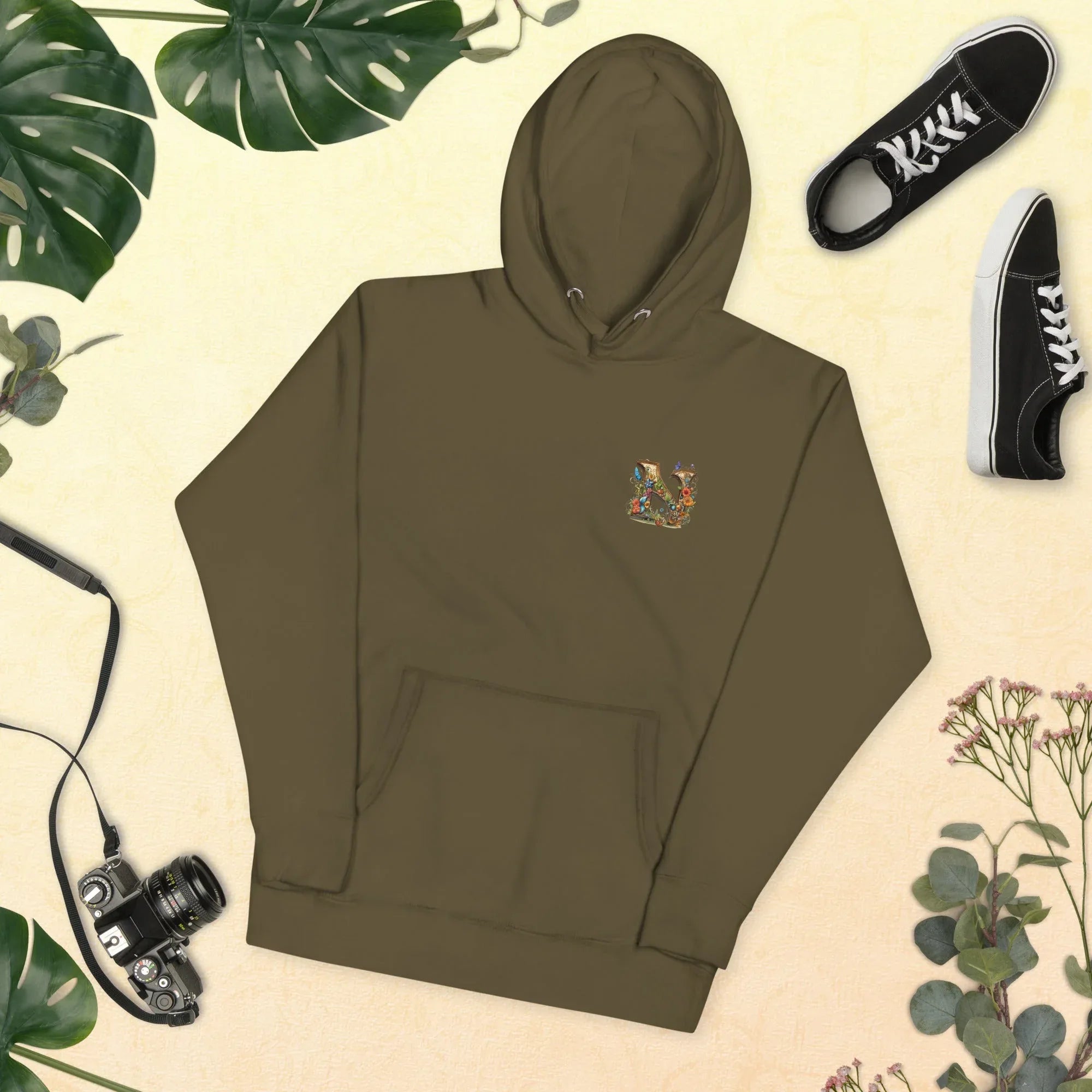 Unisex | N's Roses Hoodie Military Green hoodie AwRans Clothing unisex-premium-hoodie-military-green-front-66183a82248c8