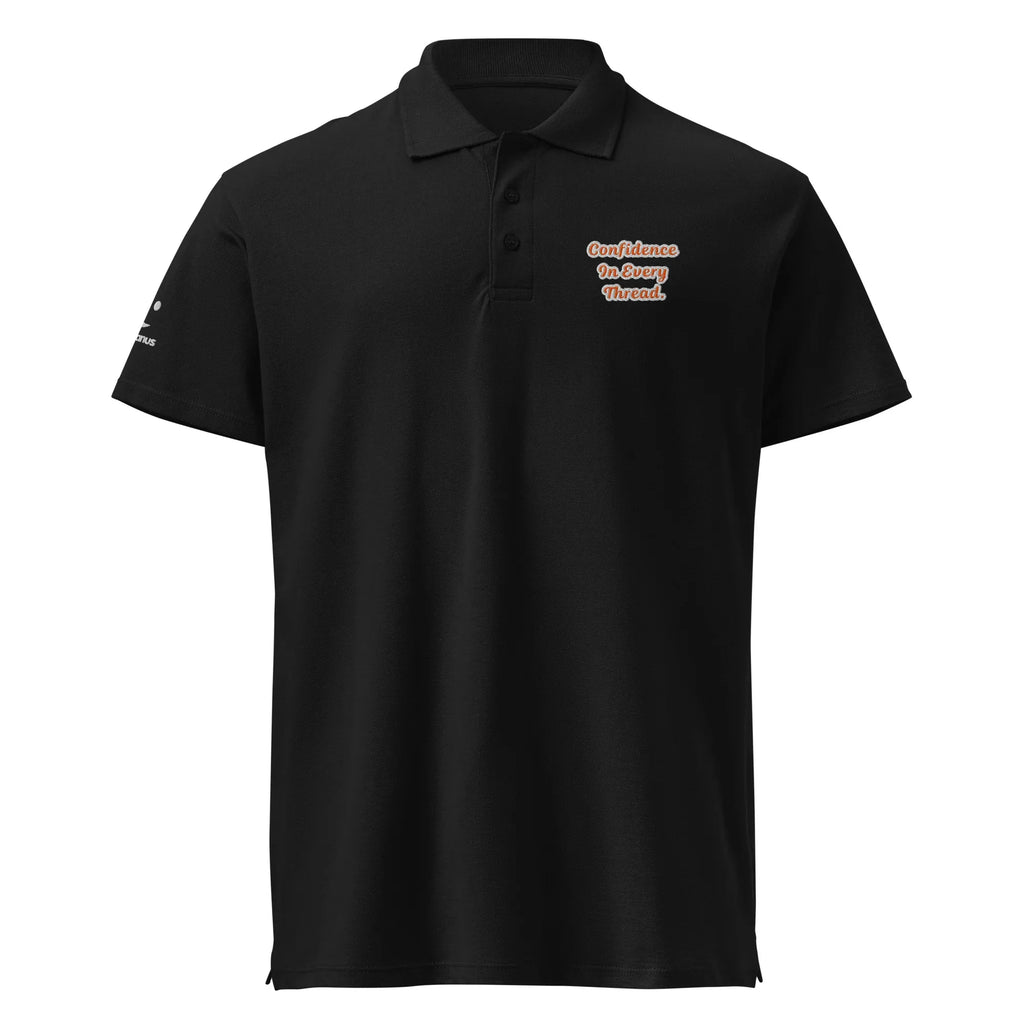 Confidence in every thread. Unisex Premium Pique Polo Shirt polo shirt AwRans Clothing unisex-premium-pique-polo-shirt-black-front-67ba697cdb90f