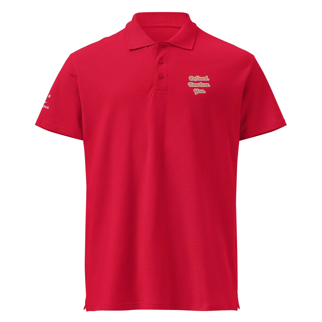 Refined. Timeless. You. Unisex Premium Pique Polo Shirt polo shirt AwRans Clothing unisex-premium-pique-polo-shirt-red-front-67ba6803ba547
